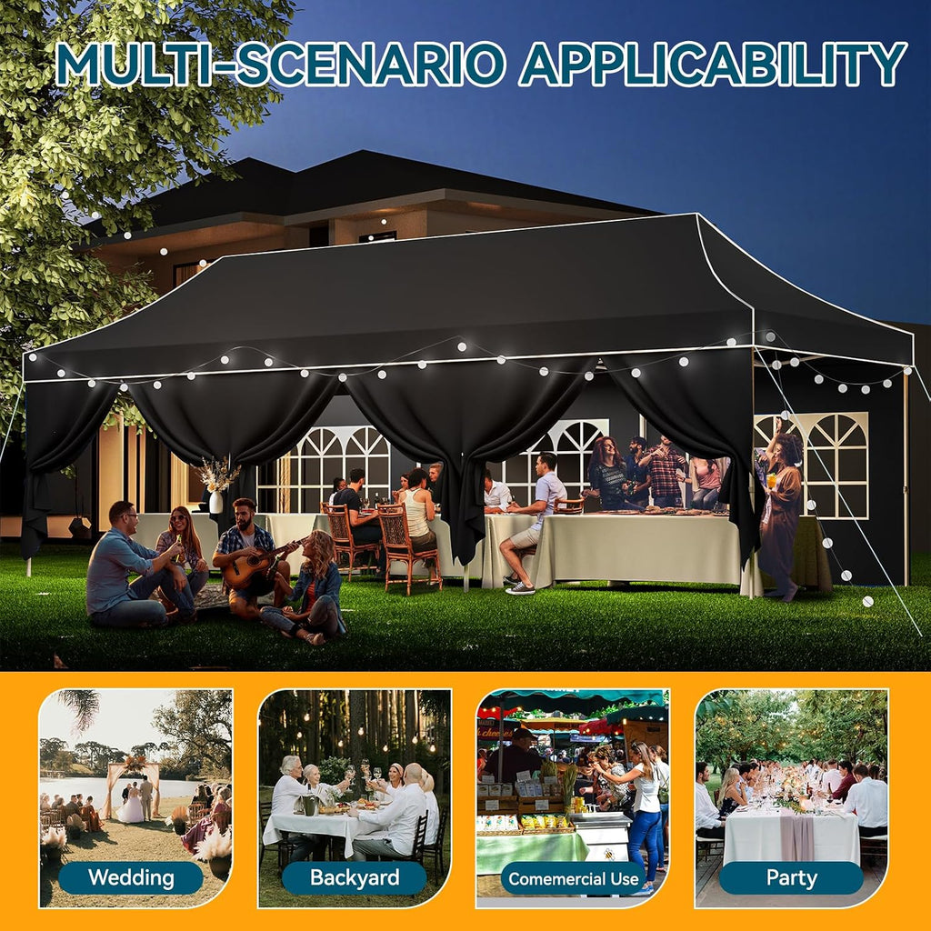 Hoteel 10x30 Pop Up Canopy Heavy Duty with 8 Sidewalls, Waterproof Outdoor Event Tents, Easy Set-up Instant Tent with Hand Bag, Rope & Nail, Hexagonal Leg (1-Year Warranty,Upgrade)