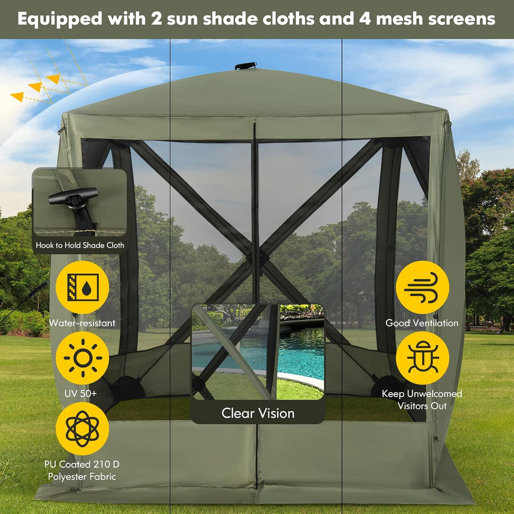 KOTEK 4 Sided Pop Up Gazebo, Outdoor Canopy Shelter with Mesh Walls, Portable Carry Bag, 2 Wind Cloth, 4 Person Screen Tent for Camping Traveling Hiking Patios Lawn Backyard, 6.7x6.7 ft (Green)
