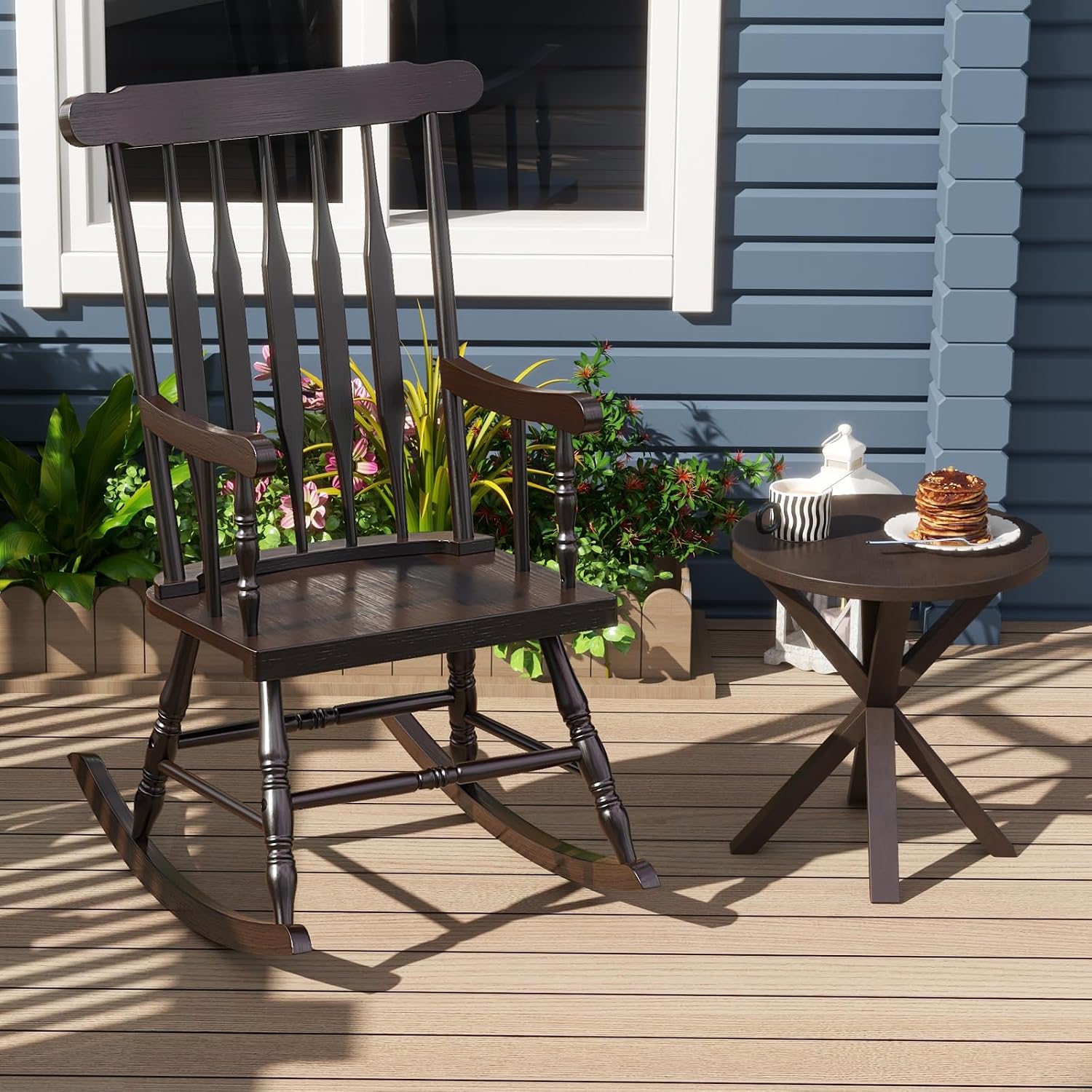 Giantex Outdoor Wood Rocking Chair Set of 2, Patio Rocking Chair w/Rubber Wood Frame, Slat Back, Outside & Indoor Rocker for Garden, Poolside, Balcony, Backyard, Lawn, Front Porch Rocker, Dark Coffee