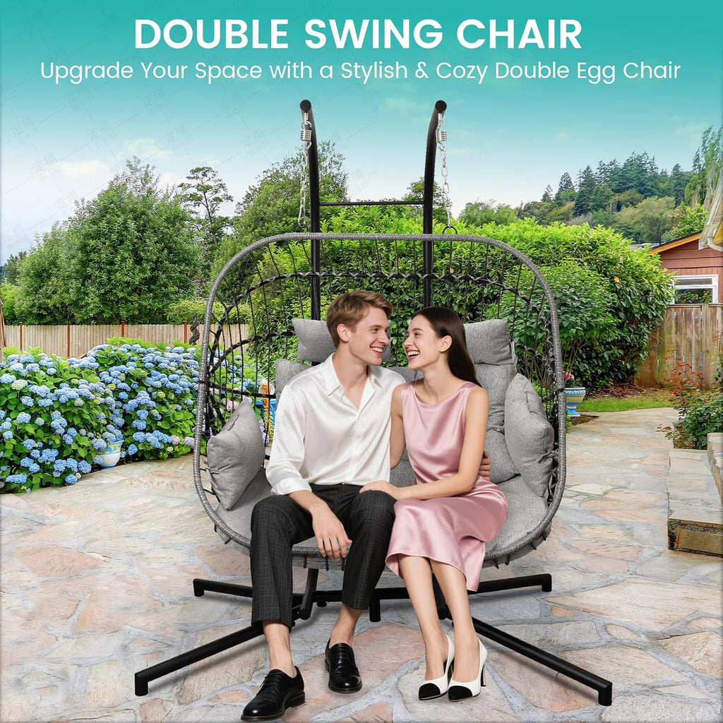 Double Egg Swing Chair with Stand Patio Rattan Wicker Hammock Chairs Outdoor Indoor Egg Swing Chair with Cushion Headrest 550 Lbs Capacity for Bedroom Balcony Garden Porch Backyard, Grey