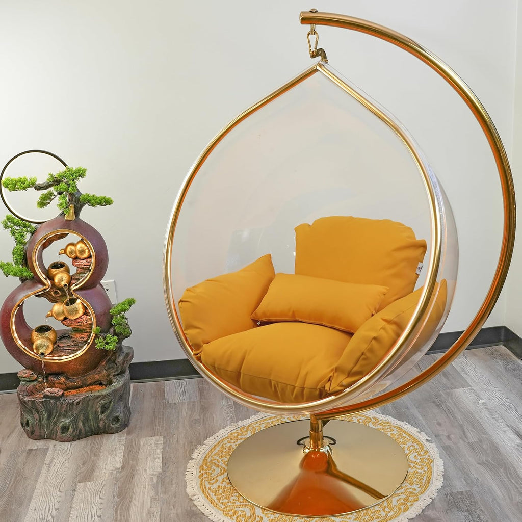 Hanging Chair - Transparent Acrylic Bubble, Waterdrop Shape, Indoor Swing Chair with Gold/Chrome Stand, Durable Fabric Cushion - Luxury Accent for Living Room, Bedroom (Gold/Yellow)