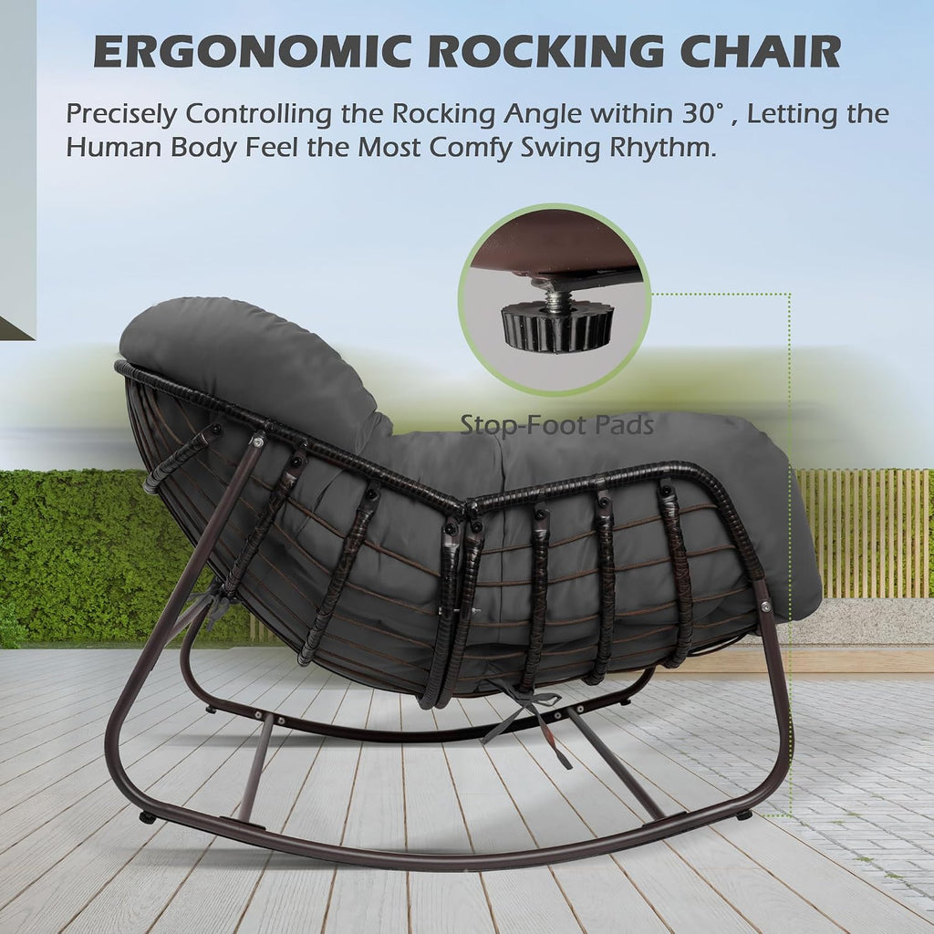 Papasan Rocking Chair, Oversized Papasan Chair with Cushion and Frame for Indoor& Outdoor,Egg-Shaped Patio Rocking Chair for Garden, Deck, Living Room, Light Grey