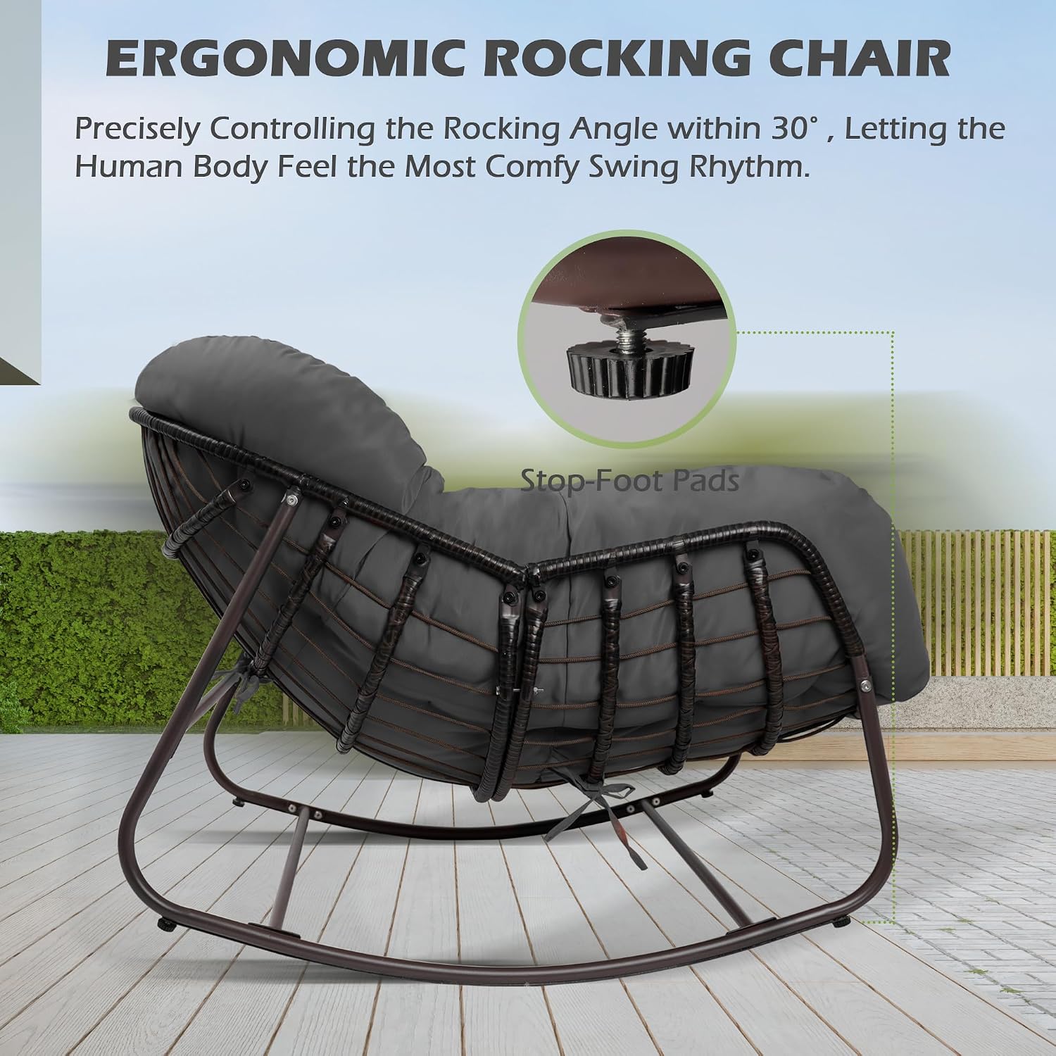 Papasan Rocking Chair, Oversized Papasan Chair with Cushion and Frame for Indoor& Outdoor,Egg-Shaped Patio Rocking Chair for Garden, Deck, Living Room, Light Grey