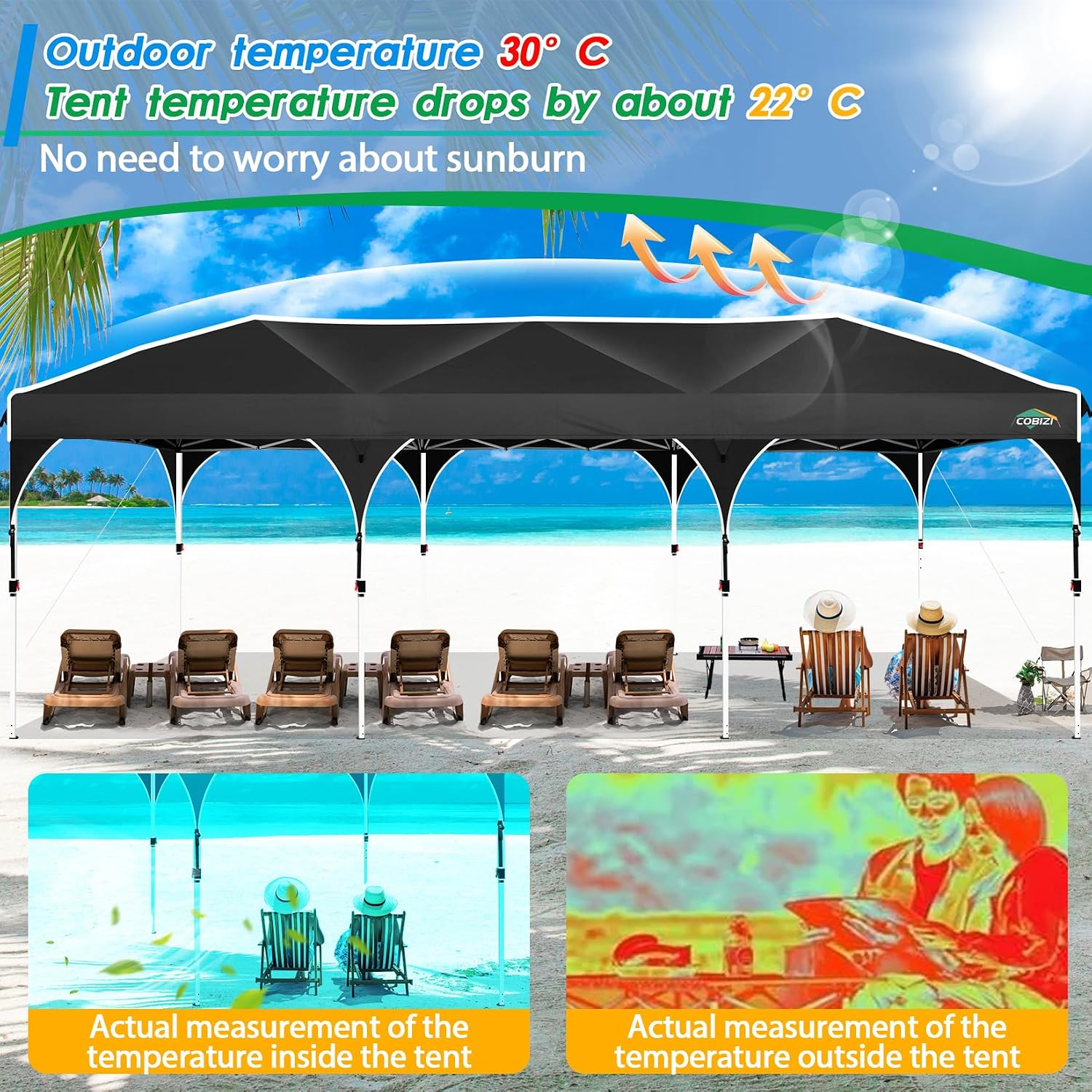 COBIZI 10x30 Pop Up Canopy Tent for Parties with 5 Sidewalls| Push Center Lock & Air Vent| Waterproof & UPF50+ |Gazebo Outdoor Tent for Party,Wedding,BBQ with 4 Sandbags, 8 Stakes & 16 Ropes,Black