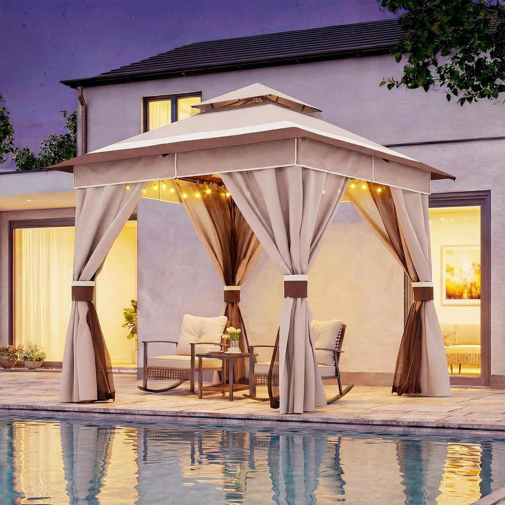 LAUSAINT HOME 8'x8' Outdoor Gazebo with 50FT String Lights, Metal Heavy Duty Patio Canopy Tent with Double Roofs, Mosquito Nettings and Privacy Screens for Backyard, Garden, Lawn, Classic Khaki