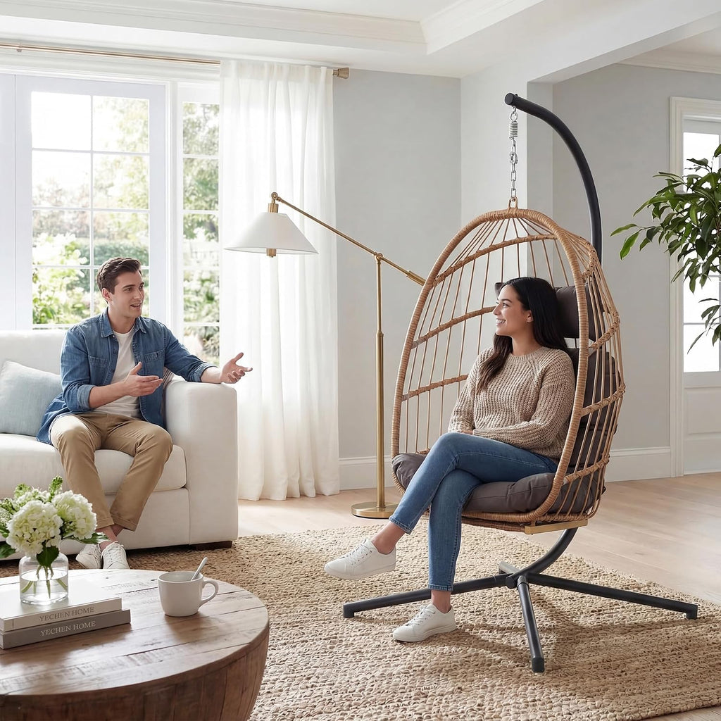 Yechen Hanging Egg Chair with Stand & Footrest, Foldable Wicker Rattan Swing Chair for Indoor Outdoor, Patio Hammock Chair with UV-Resistant Cushion, 350 lbs Capacity for Bedroom Porch Garden