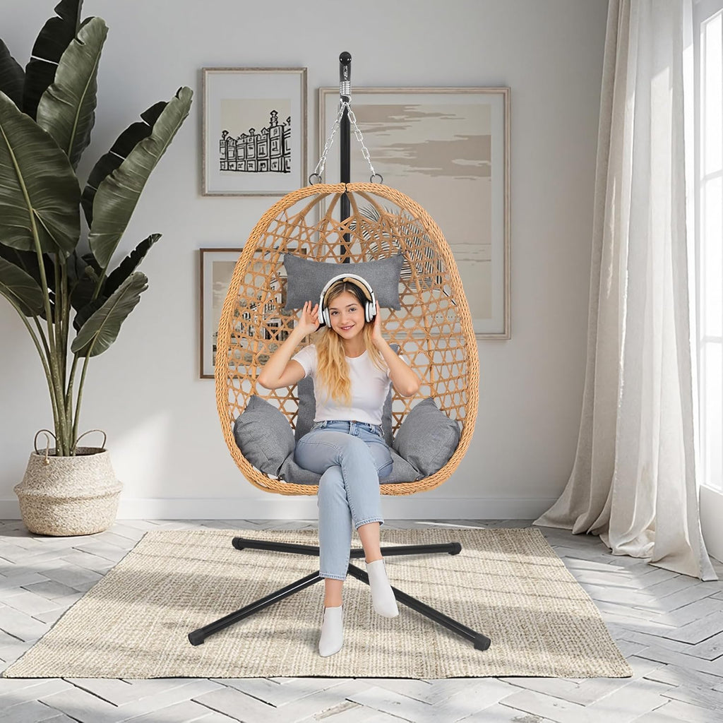 Hanging Egg Chair with Stand & Cushions - All-Weather Rattan Swing Chair for Patio, Balcony, Garden (Modern Boho Design, Ready-to-Use Indoor Outdoor)-Grey