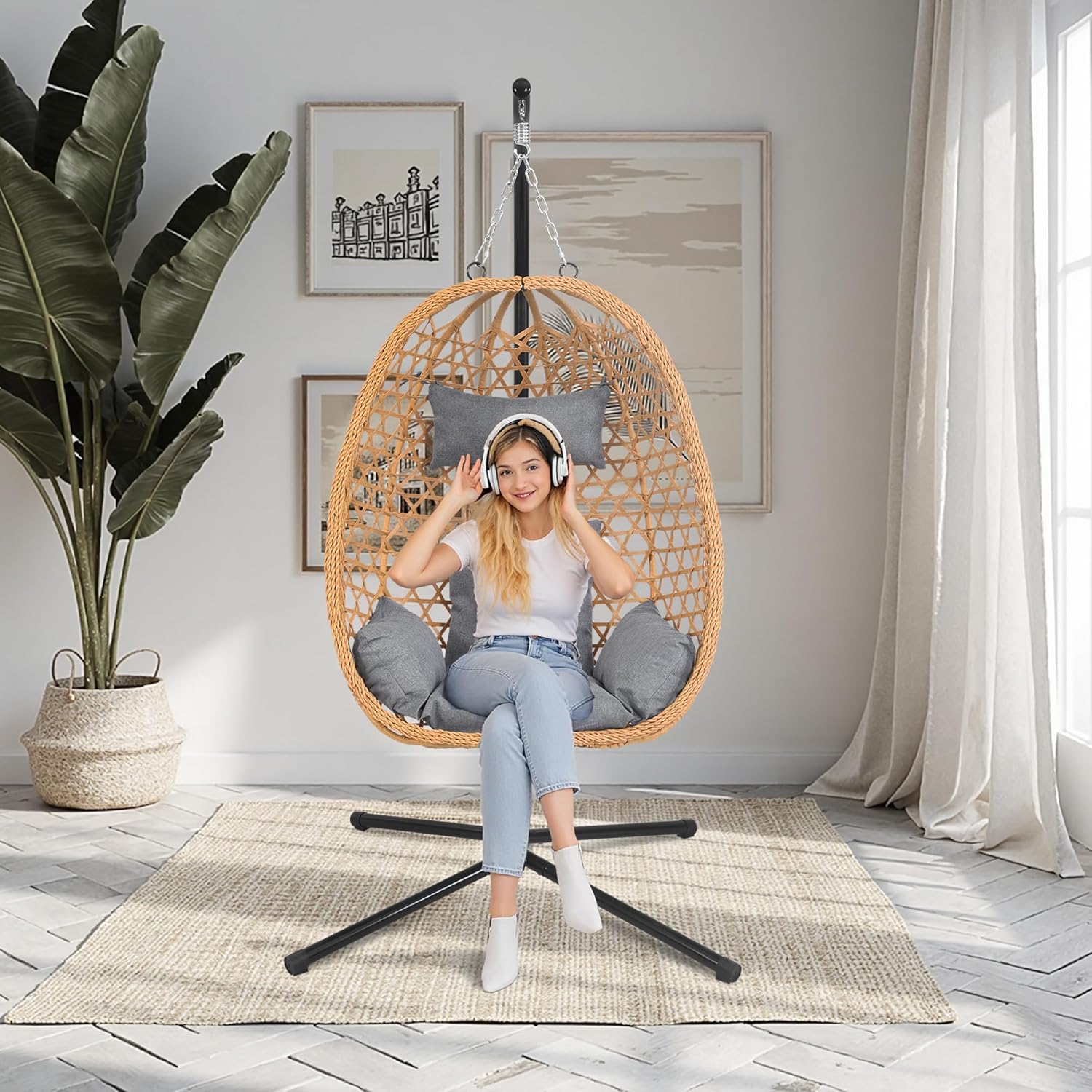 Hanging Egg Chair with Stand & Cushions - All-Weather Rattan Swing Chair for Patio, Balcony, Garden (Modern Boho Design, Ready-to-Use Indoor Outdoor)-Grey