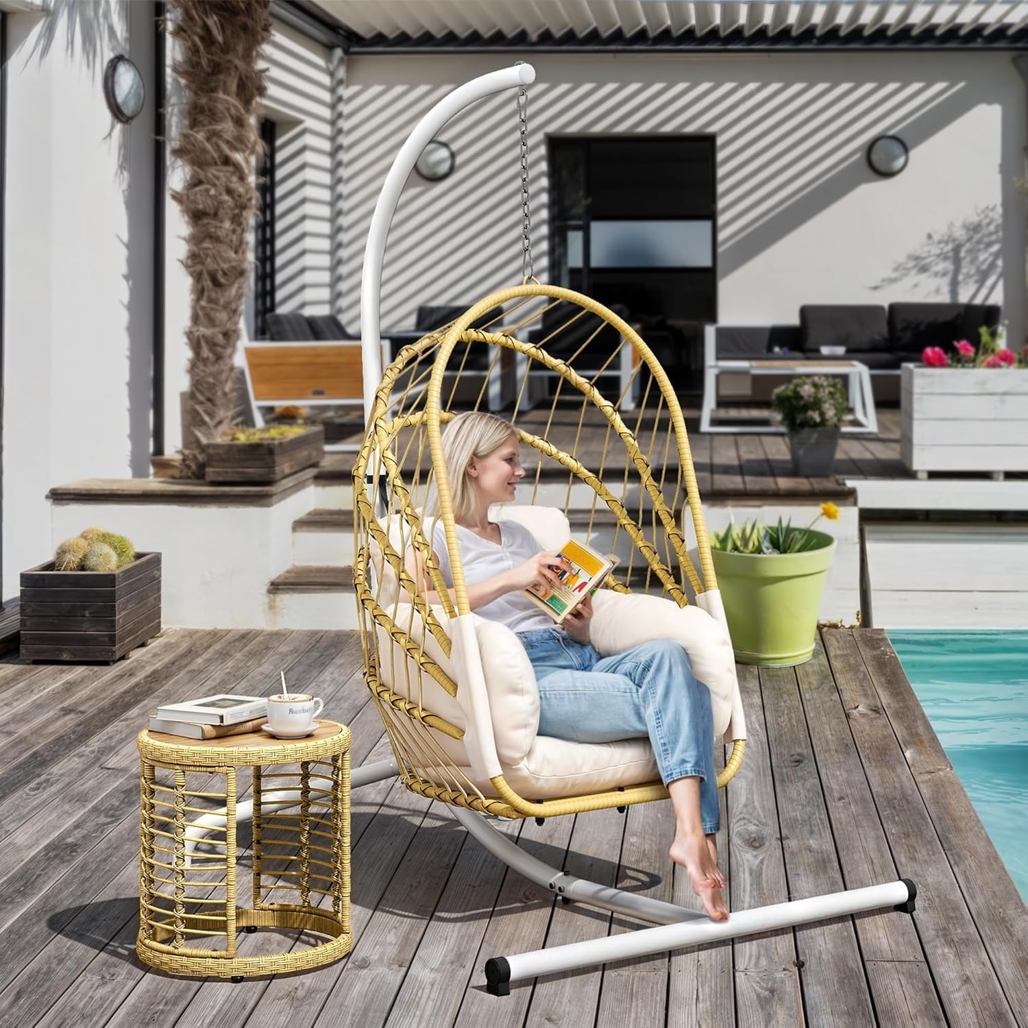 YITAHOME Hanging Egg Chair with Stand, Rattan Wicker Swing Egg Chair with Resistant Cushion, 350lbs Capacity, Foldable Hanging Rattan Basket Chair for Porch, Garden, Bedroom, Balcony, Beige