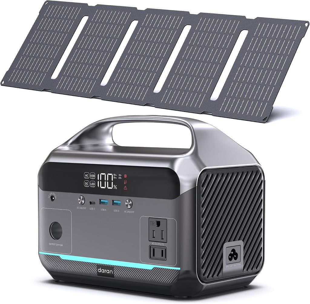 DARAN Portable Power Station with 60W Solar Panel, 288Wh (90,000mAh) LiFePO4 Battery, 350W (600W Peak) Mini Solar Generator, 2.1Hrs Fast Charing, 7-Port Design with AC Outlet for Emergency, Hurricane