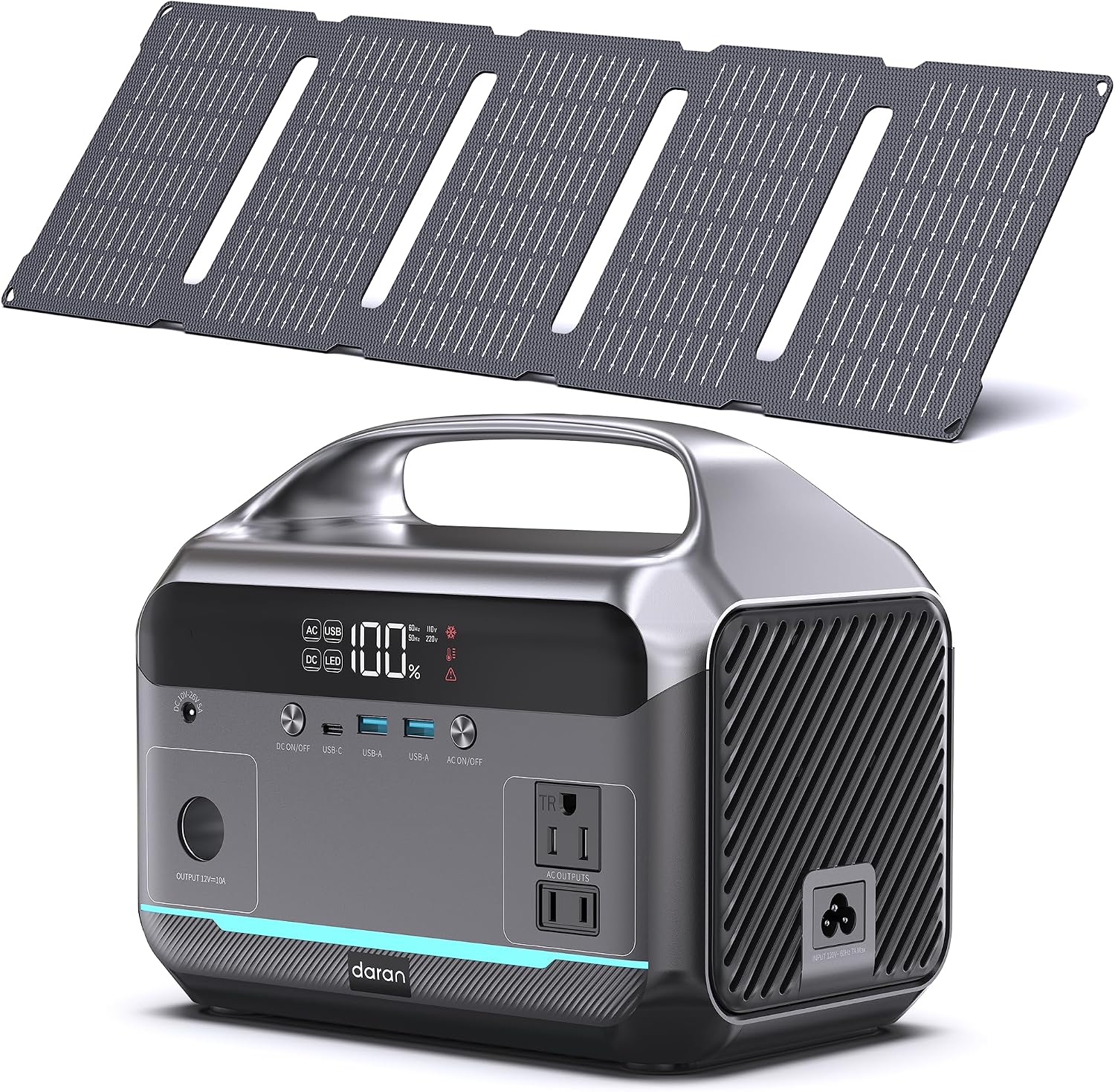 DARAN Portable Power Station with 60W Solar Panel, 288Wh (90,000mAh) LiFePO4 Battery, 350W (600W Peak) Mini Solar Generator, 2.1Hrs Fast Charing, 7-Port Design with AC Outlet for Emergency, Hurricane