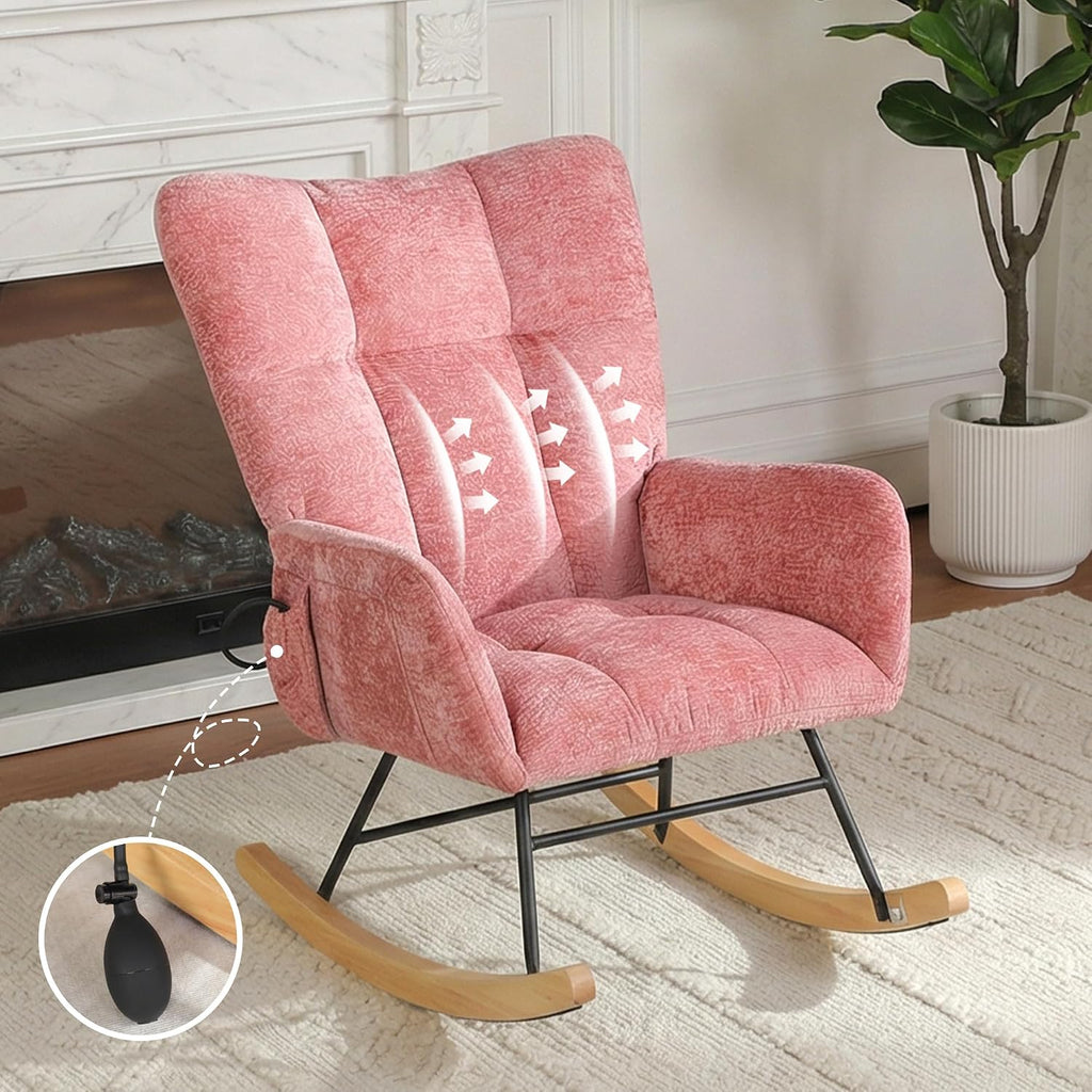 Rocking Chair with Airbag, Comfy Modern Reading & Nursing Nursery Rocking Chair Indoor, Cozy Upholstered Glider Rocker Chairs for Living Room Bedroom Offices, (Chenille, Pink)