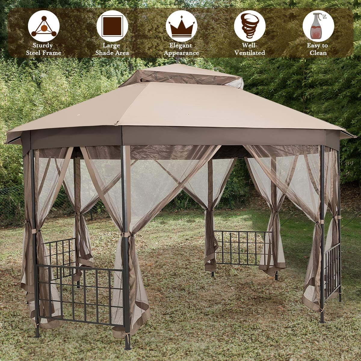 Tangkula 10 x 12 Ft Patio Gazebo, Heavy Duty Octagonal Canopy with Netting Sidewalls & Sturdy Steel Frame, Double Roof Vented Shelter for Backyard Event Party BBQ (Brown)