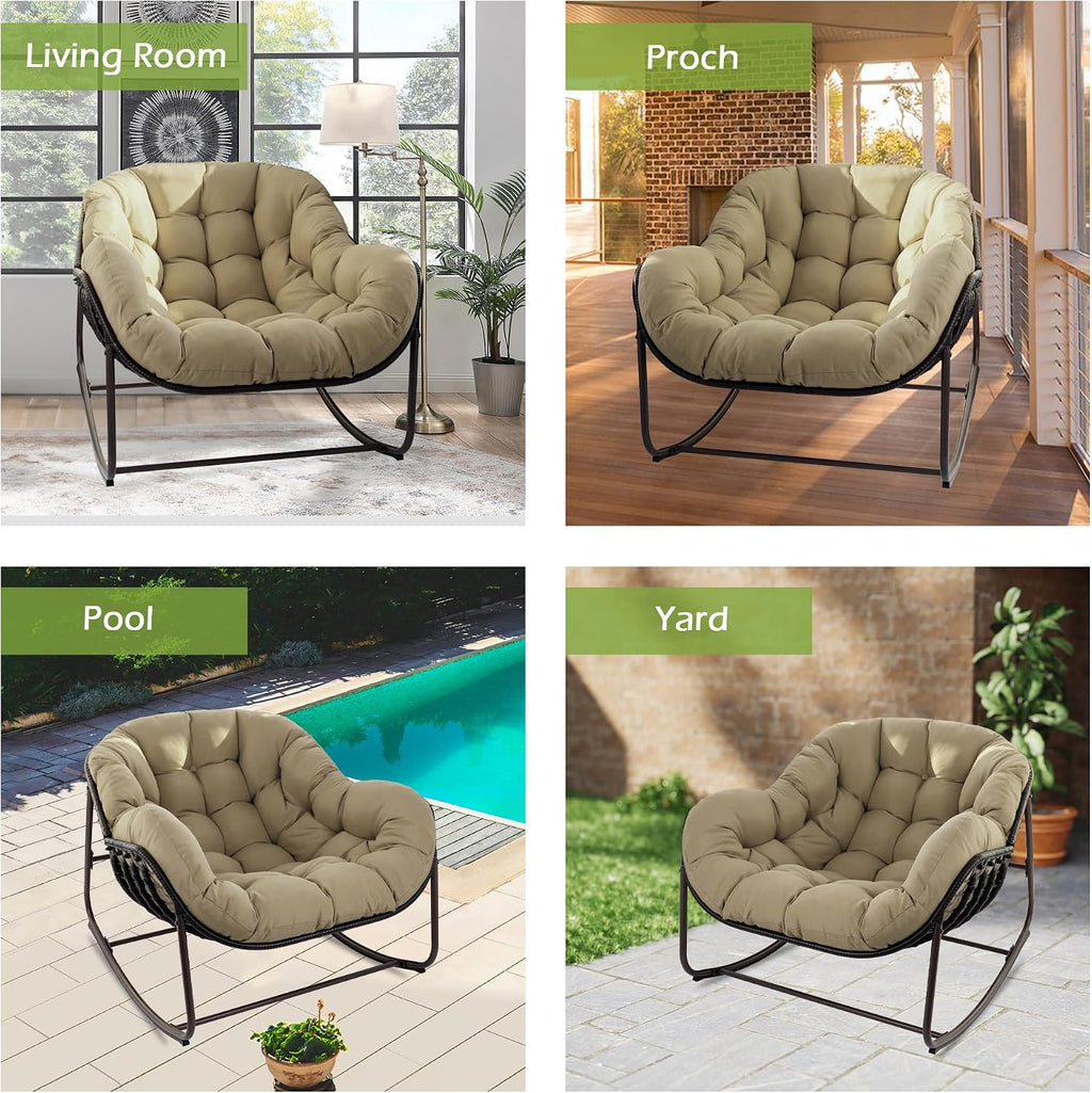 Papasan Rocking Chair, Oversized Papasan Chair with Cushion and Frame for Indoor& Outdoor, Deep Seat Egg-Shaped Rocker Chair for Garden, Deck, Living Room, Beige