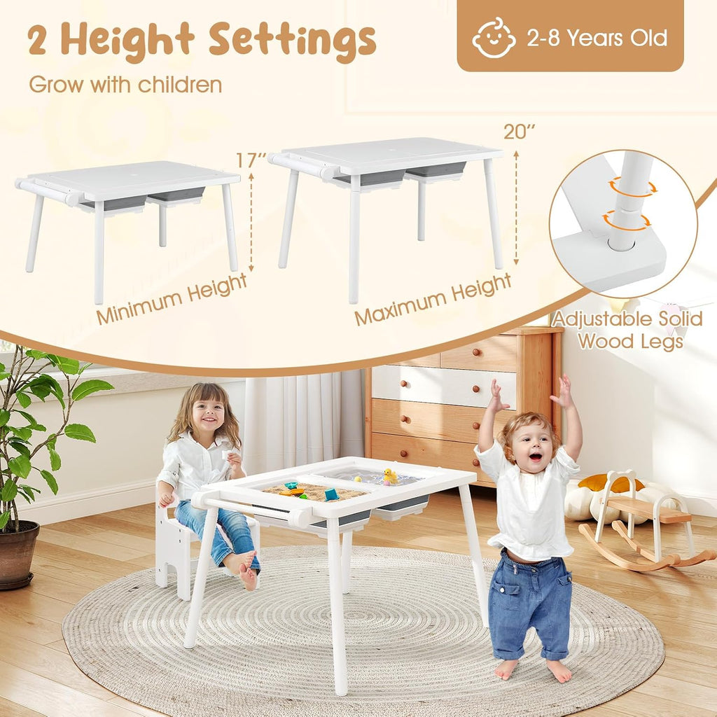 Costzon Kids Table and Chair, 6 in 1 Sensory Desk Set w/Storage Bins, White & Black Board, Building Blocks and Paper Roll for Drawing & Sand Water Playing, Toddler Table and Chair Set (White)