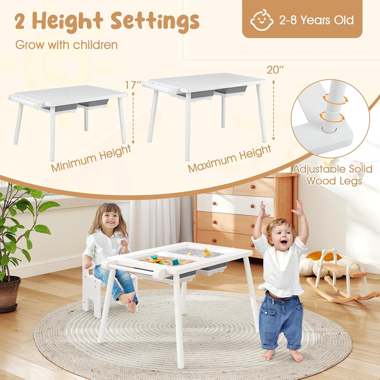 Costzon Kids Table and Chair, 6 in 1 Sensory Desk Set w/Storage Bins, White & Black Board, Building Blocks and Paper Roll for Drawing & Sand Water Playing, Toddler Table and Chair Set (White)