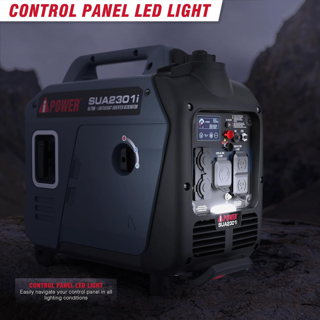 A-iPower Portable Inverter Generator, 2300W RV Ready, EPA & CARB Compliant CO Sensor, Portable Ultra-Light Weight For Backup Home Use, Tailgating & Camping (SUA2301i)