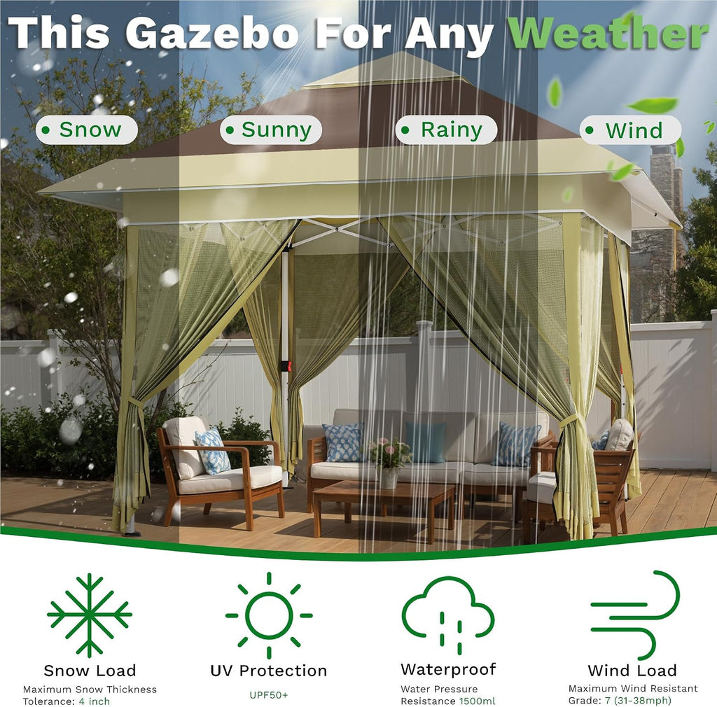 Devoko 10x10 Pop Up Gazebo Canopy Tent with Double Roof – Instant Shelter for Backyard, Garden, Party, Patio, Lawn – Portable Vented Outdoor Shade (Brown)