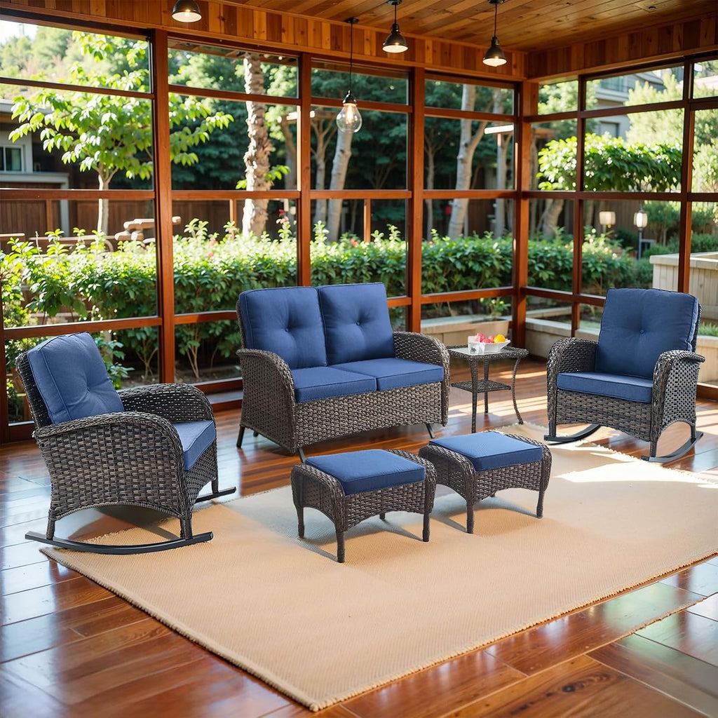 Belord 6 Pieces Outdoor Patio Furniture Set with Wicker Rocking Chairs, Rattan Patio Conversation Set with Glider Loveseat Ottomans and Side Table Brown/Blue