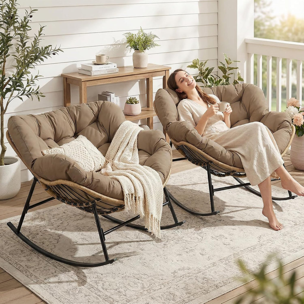 FINCATI Patio Rocking Chair Set of 2, Outdoor Indoor Oversized Papasan Chairs, 2 Person Double Wicker Egg Rockers with Padded Cushions, Comfort Lounger Funiture for Reading Relaxing Outside Bedroom