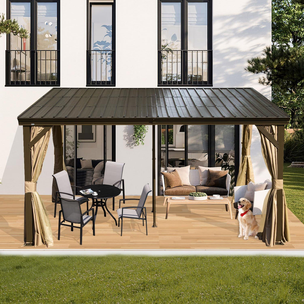 Domi 10x14FT Wall-Mounted Hardtop Gazebo, Aluminum Lean to Gazebo with Galvanized Steel Sloping Roof, Curtains & Netting for Outdoor Patio, Deck, Backyard, Garden Parties