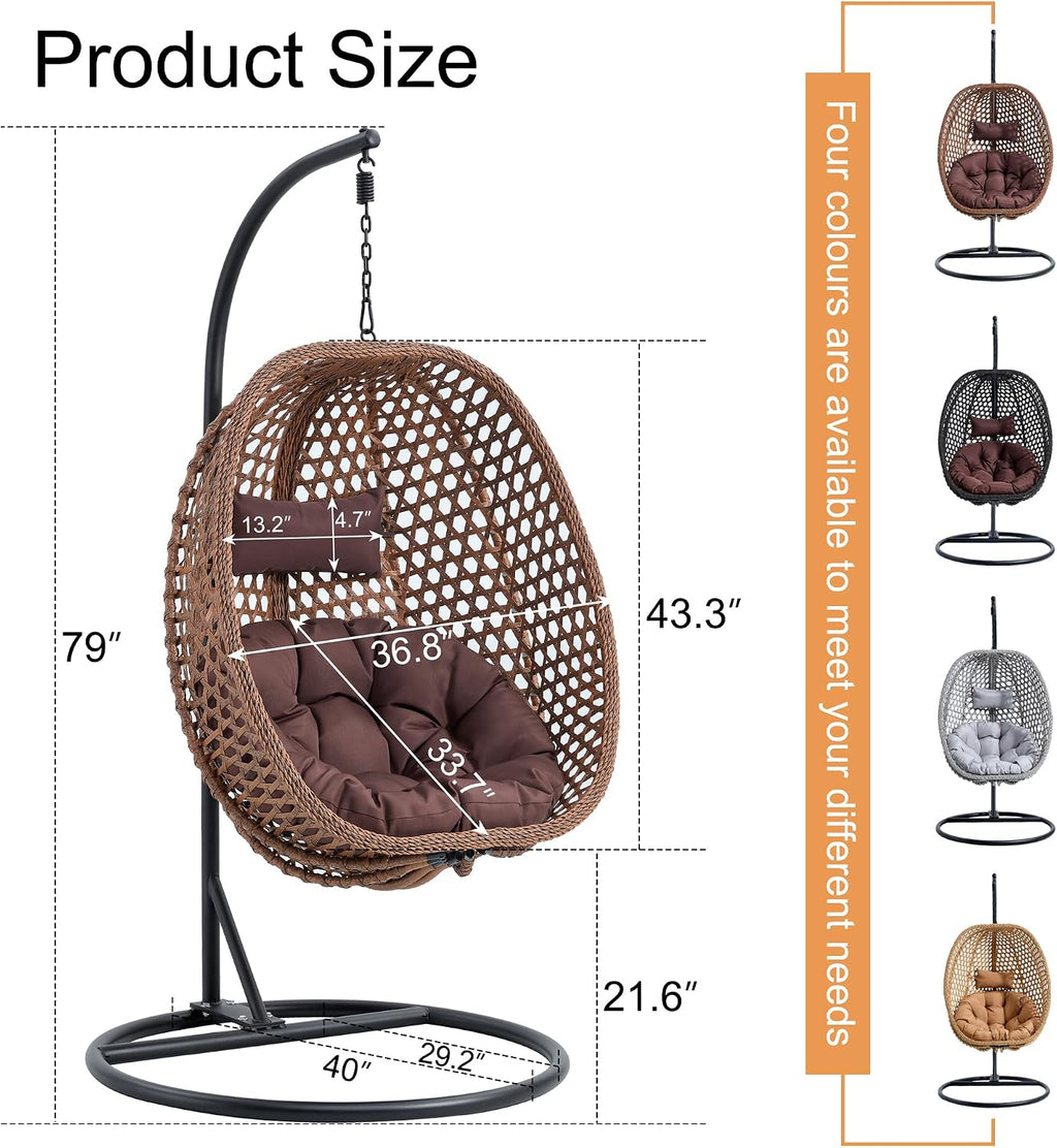 Egg Swing Chair with Stand Outdoor Indoor, Hanging Egg Chair with Cushions and Pillow,300lbs Capacity for Porch, Patio, Bedroom, Balcony, Brown