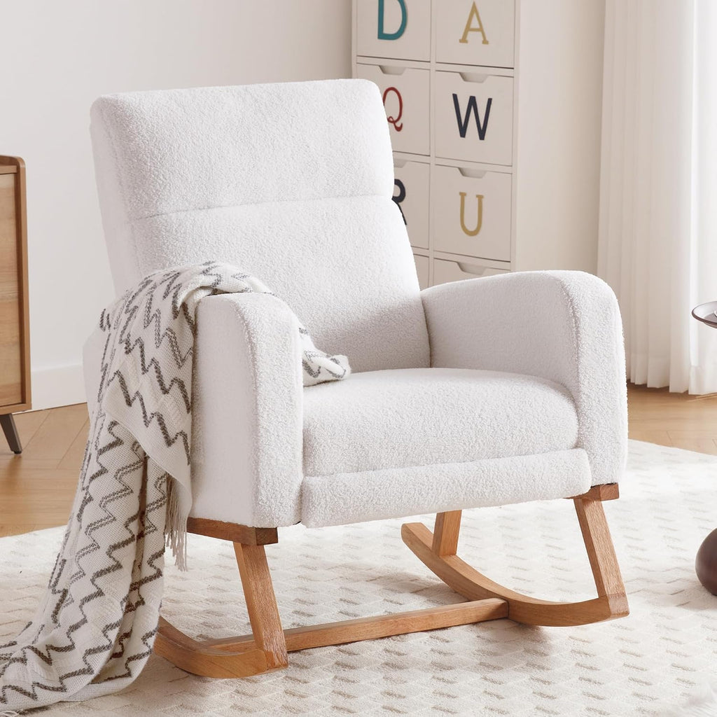 HCHAIRH Rocking Chair Nursery with Foot Rest, Nursing Rocking Chairs for Mom Nursery, Teddy Rocker Glider with High Backrest for Living Room, Bedroom, White
