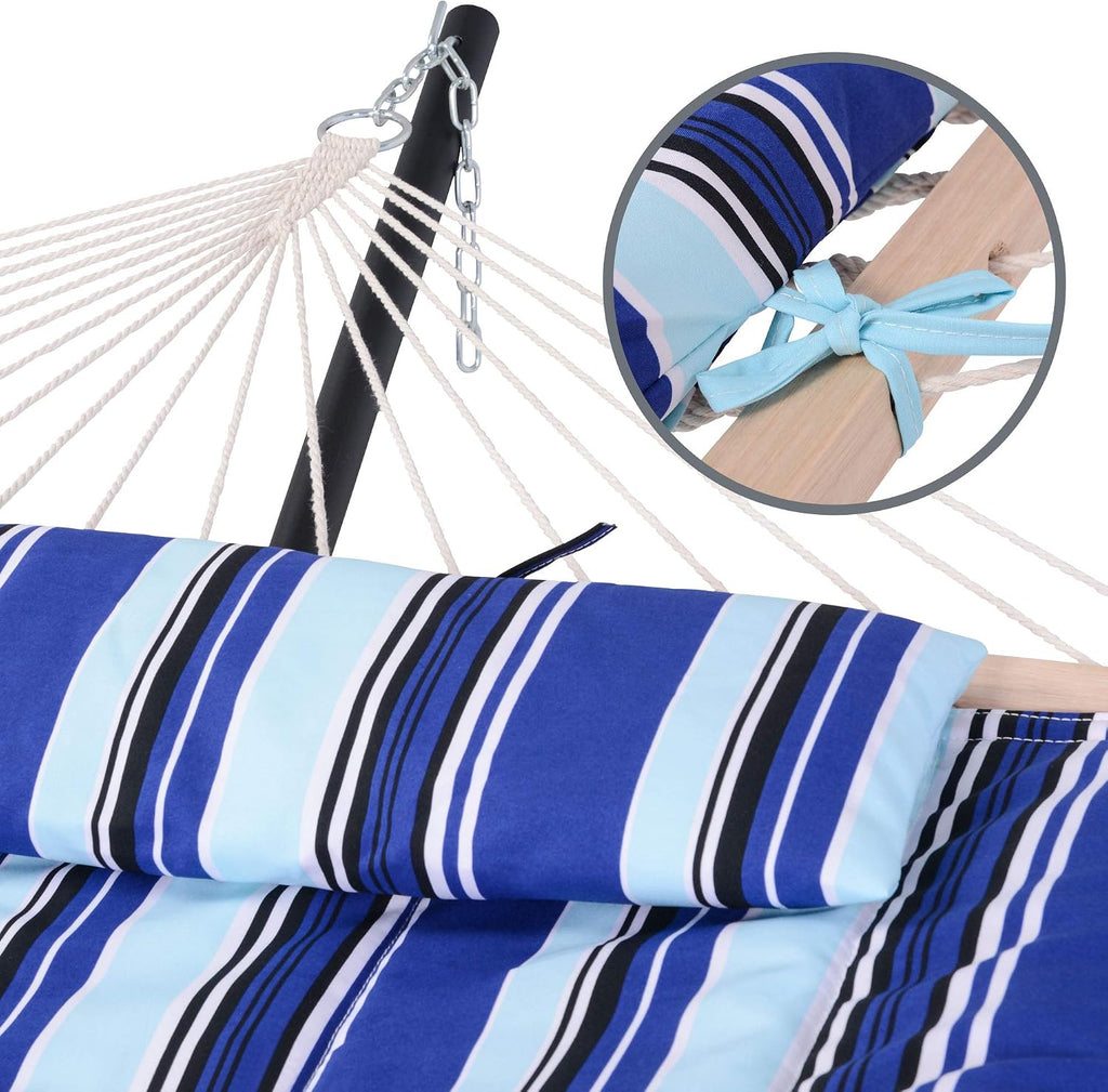SUNCREAT Hammock Double Hammock with Stand, Carrying Bag, Two Person Cotton Rope Hammock, Blue Stripe