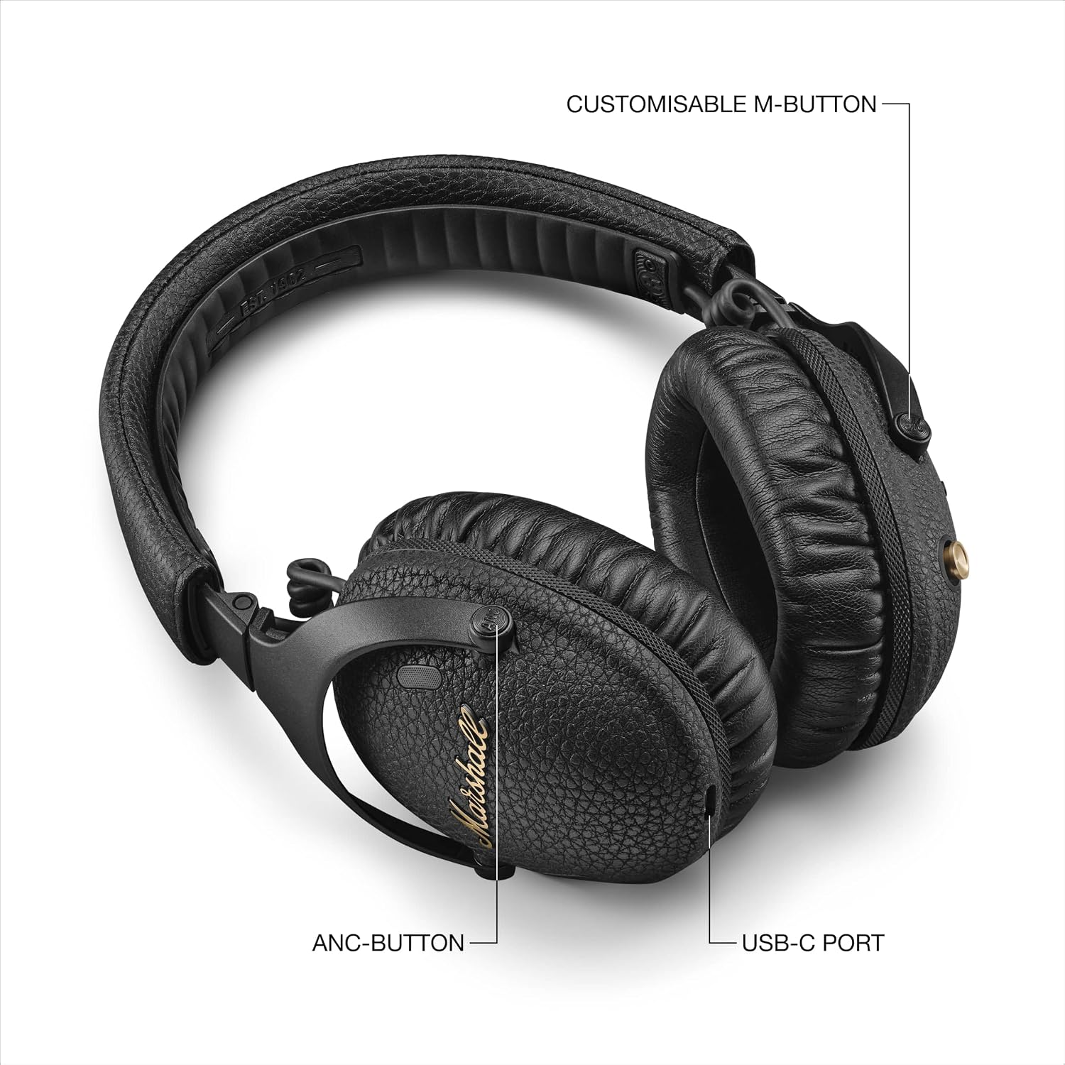 Marshall Monitor III A.N.C. Over-Ear Bluetooth Headphones - Active Noise Cancelling with Microphone | 100+ Hrs Wireless Playtime | Lightweight, Foldable Design for Travel - Black