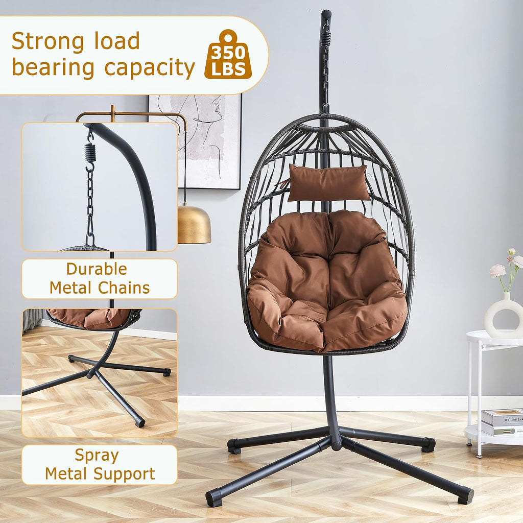 Hanging Egg Chair with Stand, Outdoor Swing Chair with Cushion and Headrest, Rattan Egg Chair for Backyard, Balcony, Indoor, 300lbs Capacity, Black