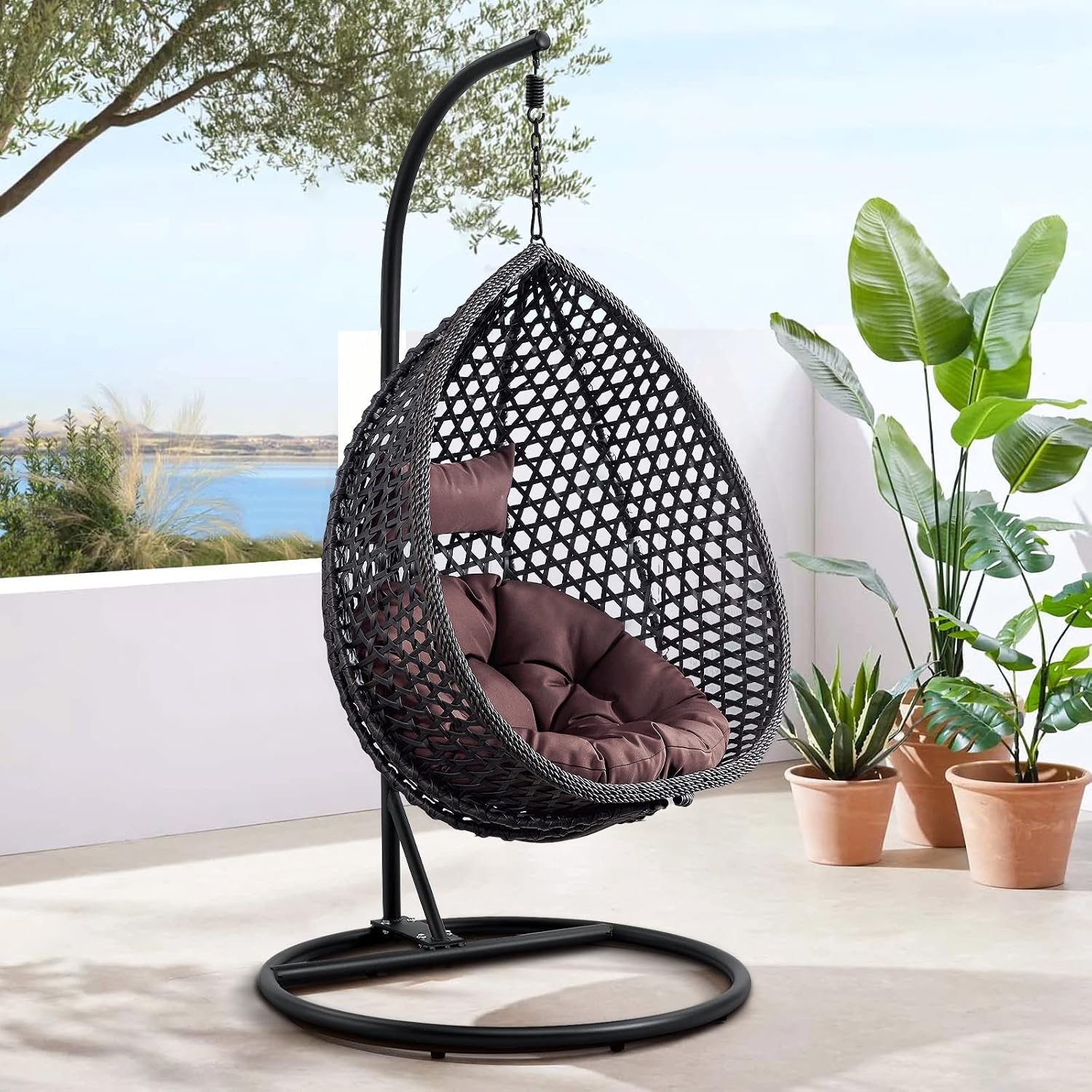 Hanging Egg Swing Chair with Stand, Rattan Wicker Hanging Egg Chair Hammock Indoor with Cushions, Swinging Chair for Bedroom Outdoor Patio Balcony Backyard Sunroom Heavy Duty 350LBS (Black)