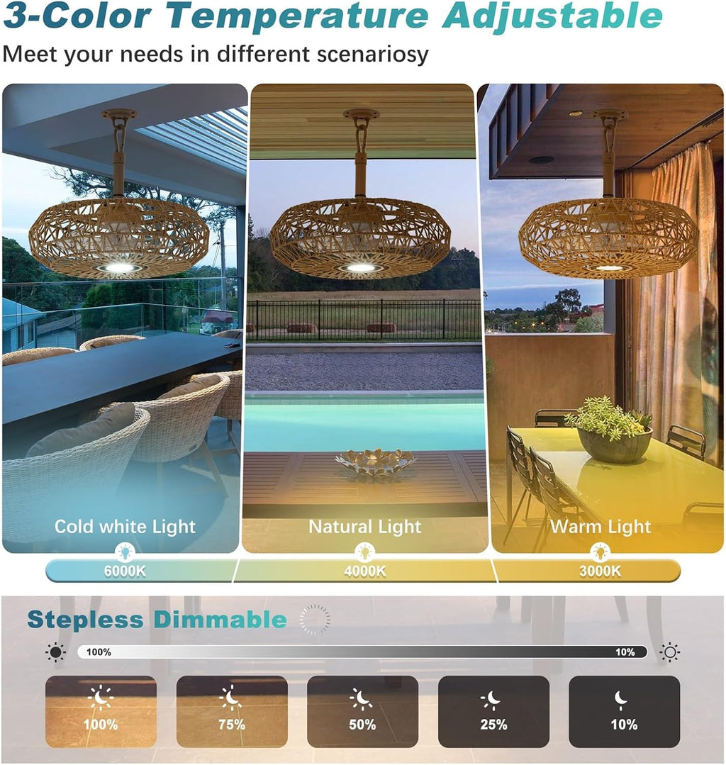 20'' Outdoor Gazebo Fan with Light, Outside/Indoor Hanging Rattan Ceiling Fan with Remote&APP Control, 3CCT Dimmable, 6-Speed DC Motor, Plug-in Wicker Woven Caged Ceiling Fans for Pergola Patio