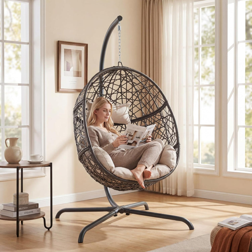 NICESOUL Bird Cage Swing Egg Chair, UV/Water-Resistant 450lbs Capacity Wicker Swinging Chairs with Stand, Comfy Oversized Hanging Seat w/Cushion, Metal Frame & Cover for Indoor Outdoor, Grey & Beige