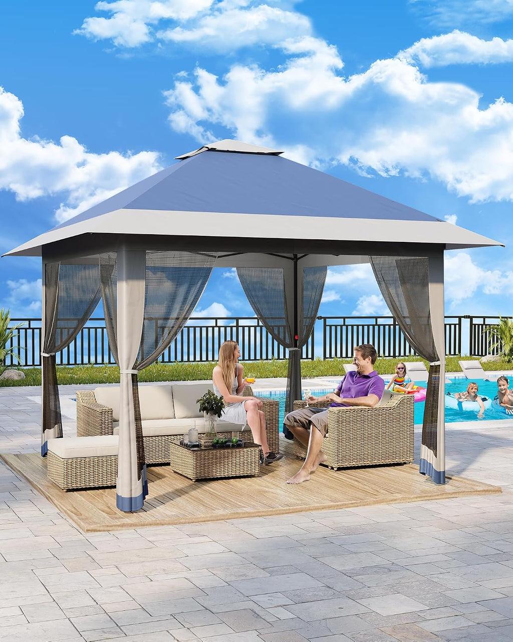 13x13 Pop Up Gazebo, Outdoor Canopy Tent with Mosquito Netting, [Adjustable Height & Spacious] Pop Up Tent with Double Roof, UV-Resistant Outdoor Gazebo for Backyard, Patio, Lawn, Garden, Deck(Blue)