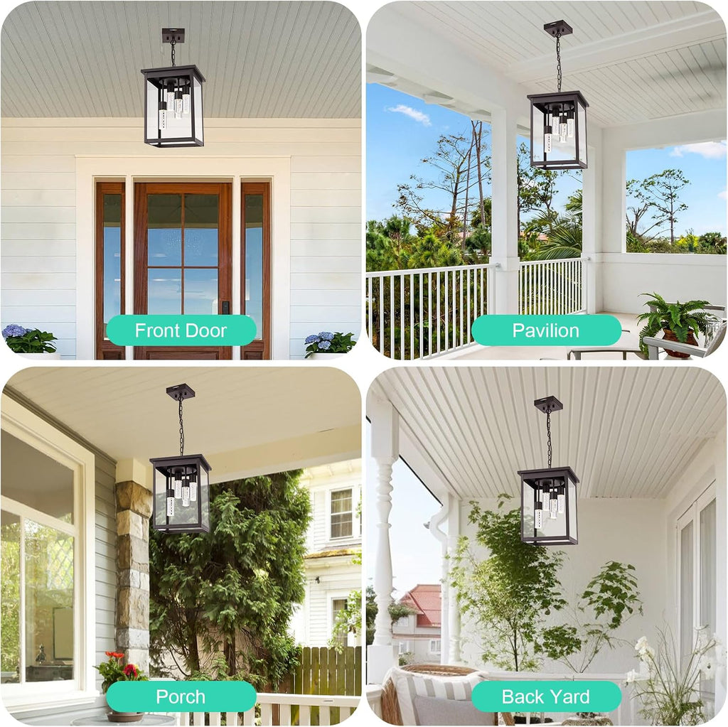 Yaohong 16.7' Large 5CCT LED Outdoor Pendant Light, 4-Lights Modern Oil Rubbed Bronze Hanging Ceiling Fixture with Acrylic Column & Clear Glass, Weatherproof Chandelier for Porch Gazebo Patio Entryway