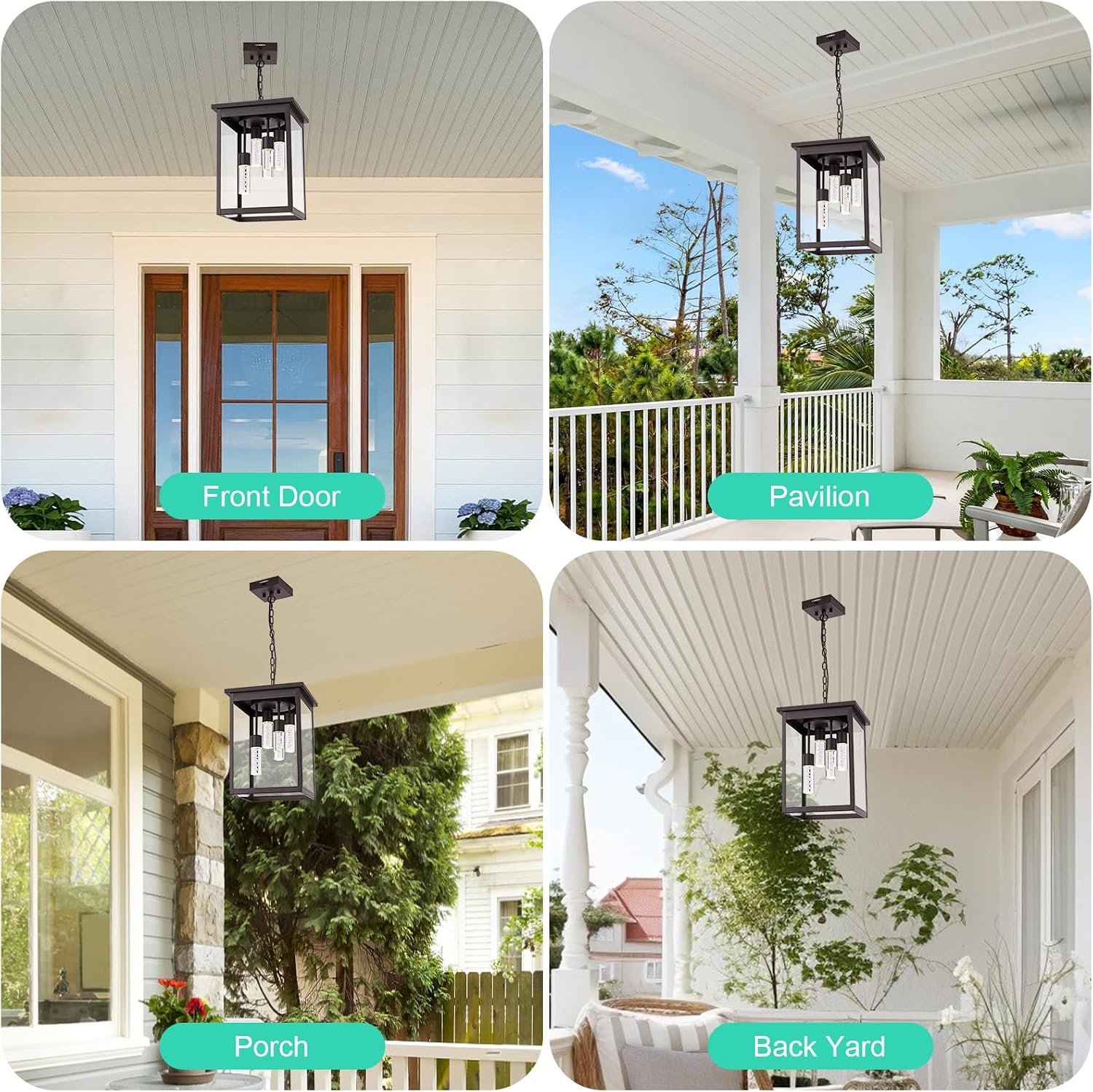 Yaohong 16.7' Large 5CCT LED Outdoor Pendant Light, 4-Lights Modern Oil Rubbed Bronze Hanging Ceiling Fixture with Acrylic Column & Clear Glass, Weatherproof Chandelier for Porch Gazebo Patio Entryway