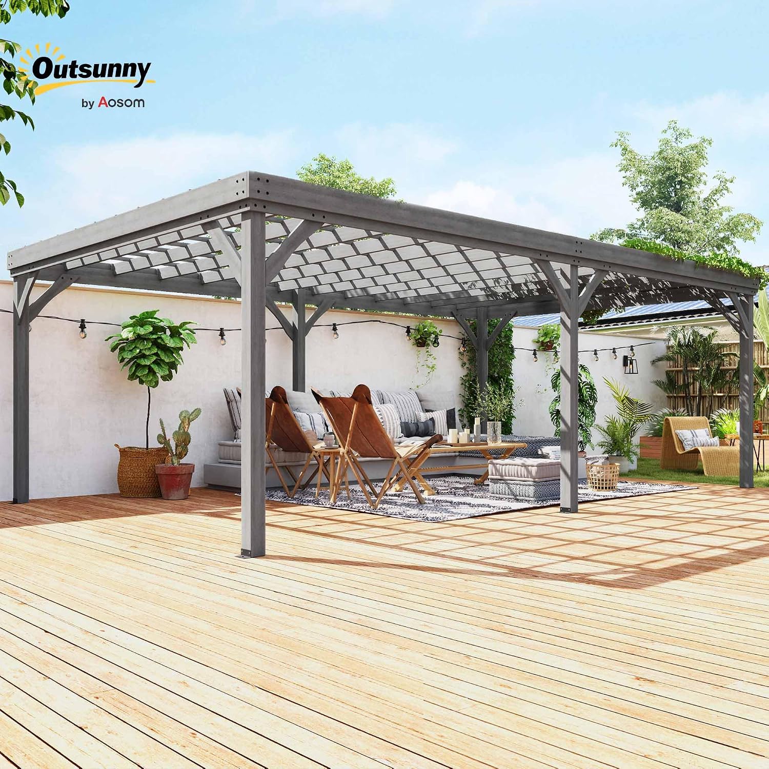 Outsunny 12' x 20' Outdoor Pergola, Wood Gazebo Grape Trellis with Concrete Anchors for Climbing Plant Support at Garden, Patio, Backyard, Deck, Gray