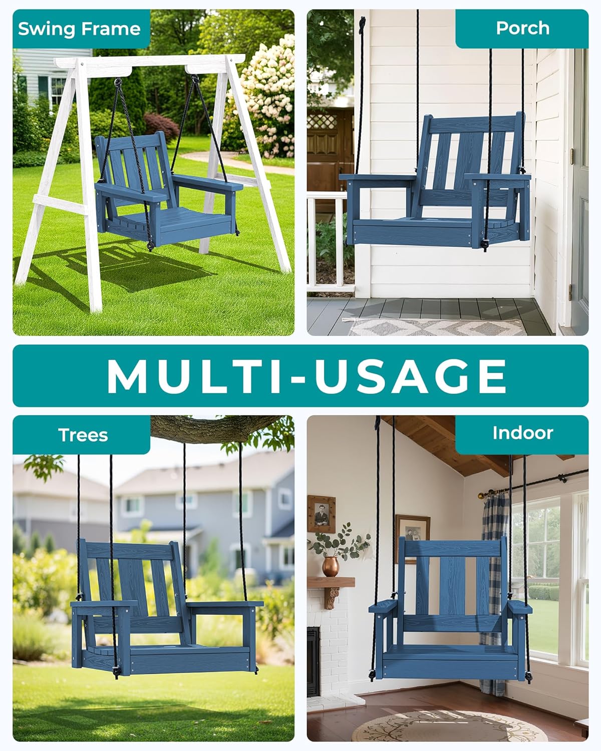 SERWALL HDPE Single Porch Swing Set of 2, Heavy Duty Single Person Swing Chair with 2 Polypropylene Hanging Ropes, Adirondack Hanging Chair for Outdoor Front Porch Patio Garden Yard, Blue