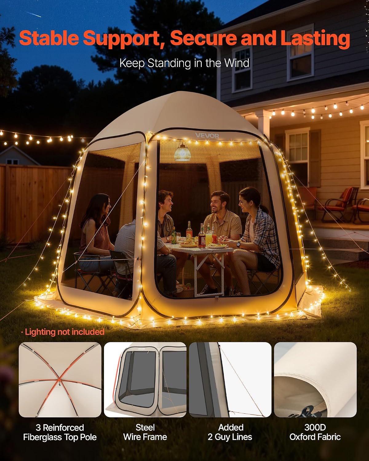 VEVOR Pop up Screen House Tent, 10 x 9.2 ft, 4-8 Person Screen Gazebo, Portable Screened in Canopy with Carry Bag, Netting Sides, Ground Stakes, for Garden, Patio, Backyard, Outdoor Activities, Beige