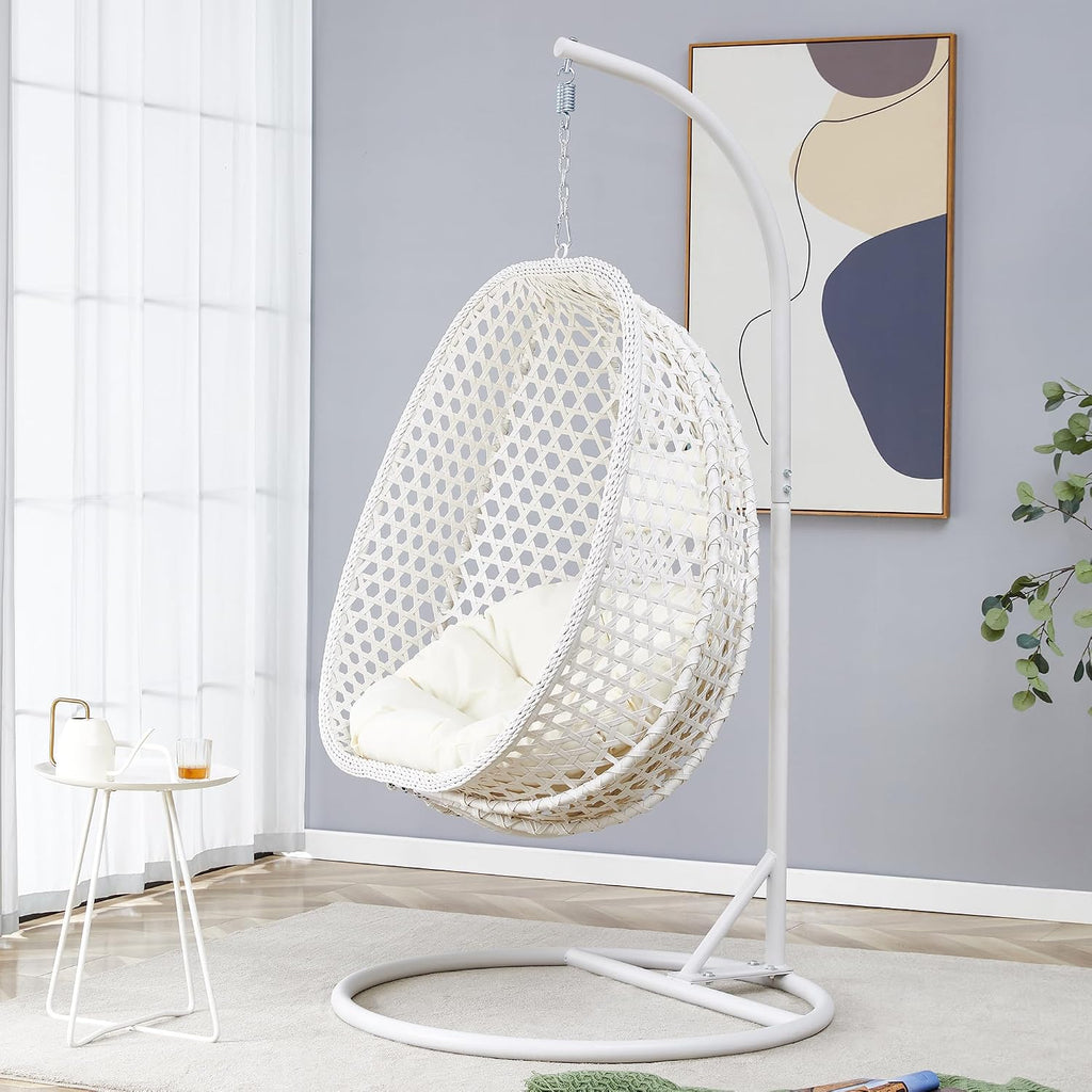 Egg Swing Chair Outdoor with Stand, Hanging Egg Rattan Basket Chair with Cushion and Pillow, Lounge Chairs, Foldable Basket and Metal Stand for Porch, Patio, Bedroom, Balcony,Yard (White)