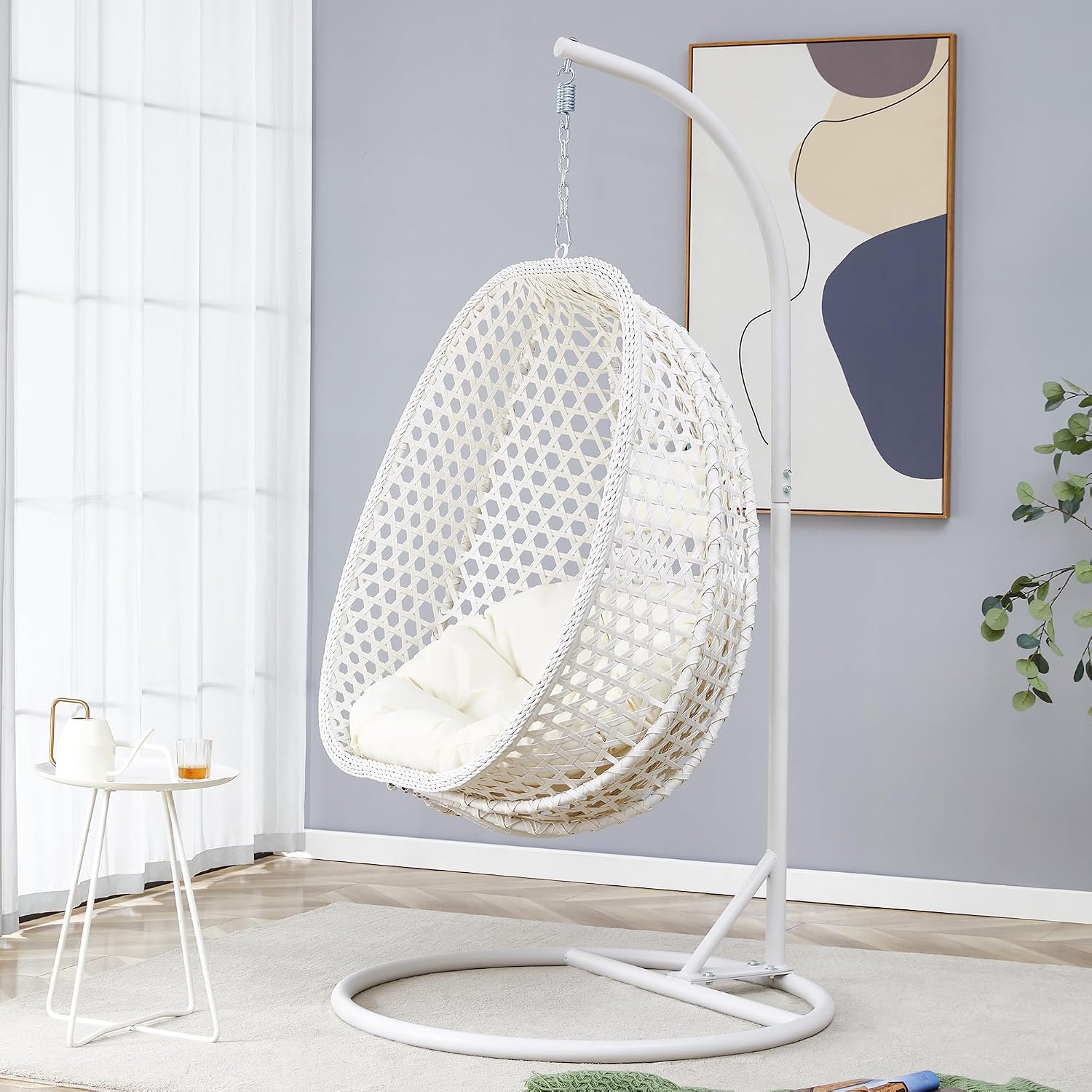 Egg Swing Chair Outdoor with Stand, Hanging Egg Rattan Basket Chair with Cushion and Pillow, Lounge Chairs, Foldable Basket and Metal Stand for Porch, Patio, Bedroom, Balcony,Yard (White)