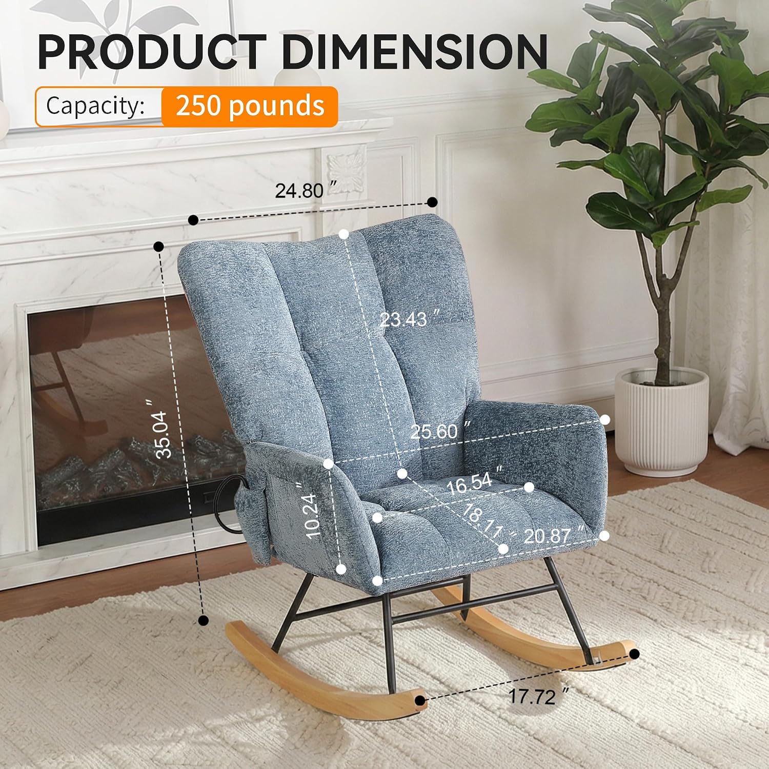 Rocking Chair with Airbag, Comfy Modern Reading & Nursing Nursery Rocking Chair Indoor, Cozy Upholstered Glider Rocker Chairs for Living Room Bedroom Offices, (Chenille, Blue)