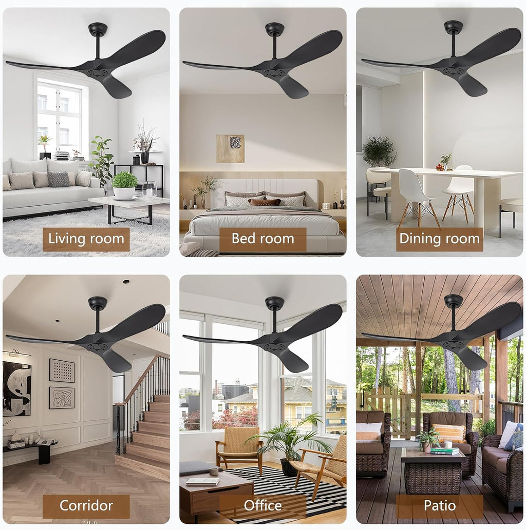 52 Inch Black Ceiling Fan No Light,Living Room Ceiling Fans Without Lights, Medium Modern 3 Blade Quiet Dc Ceiling Fans For Slanted Ceilings, Rustic Wood Ceiling Fan For Gazebo With Remote