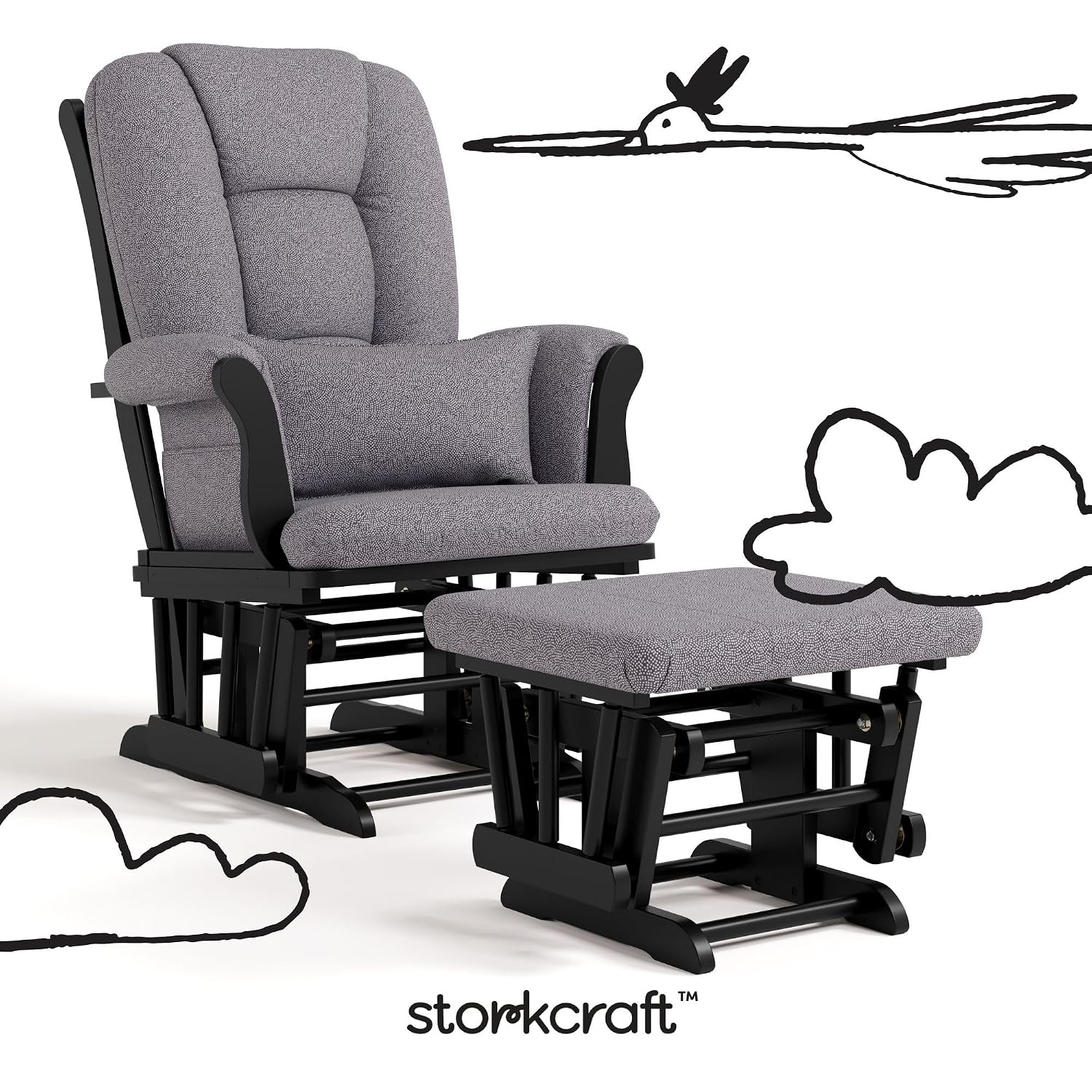 Storkcraft Tuscany Custom Glider and Ottoman with Free Lumbar Pillow (Black/Slate Gray Swirl) - Cleanable Upholstered Comfort Rocking Nursery Chair with Ottoman