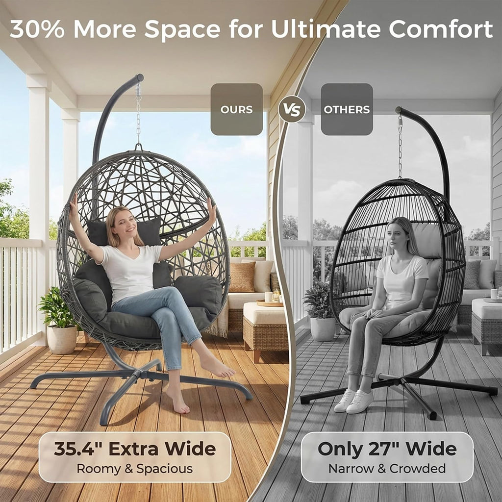 RADIATA Hanging Egg Chair with Stand, Outdoor Swing Egg Chair with Thick Cushion, Rattan Bird Cage Eggshell Basket Seat, Patio Swinging Hammock Chair for Outside Backyard, Dark Grey