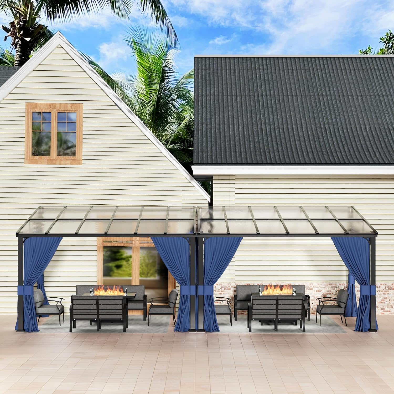 10' x 24' Gazebo for Patio,Wall Mounted Gazebo with Sloping Polycarbonate Roof,Aluminum Frame Outdoor pelgole w/Netting & Curtain for Garden,Backyard,Navyblue
