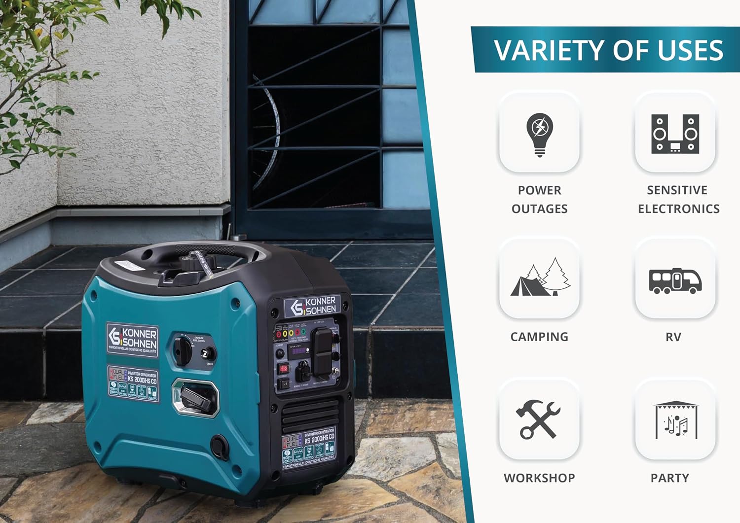 Konner&Sohnen Inverter Generator - 2000 W, Dual Fuel, Lightweight and Portable, Super Quiet with CO Sensor and Fuel-Efficient Technology, LPG/Gas Powered (German brand, model: KS 2000iHS CO)