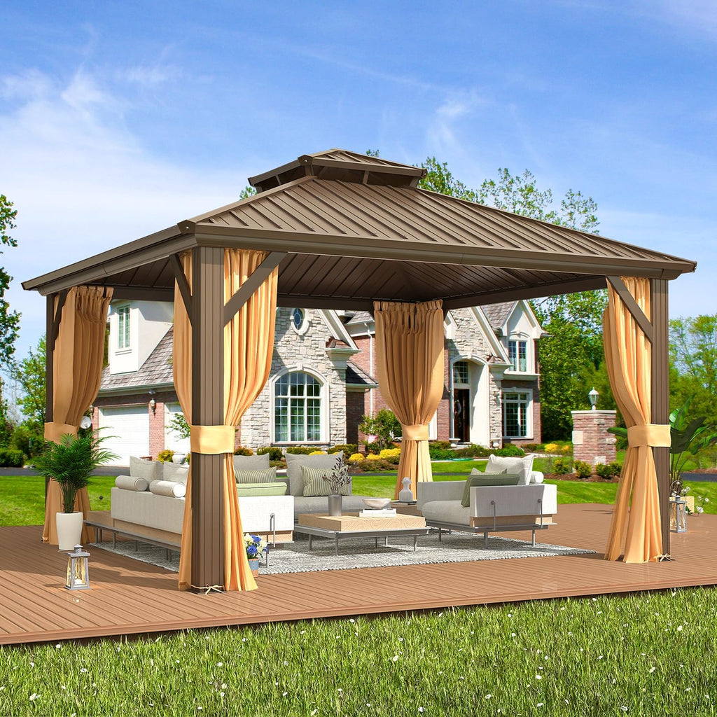 EROMMY 12' x 12' Hardtop Gazebo, Aluminum Frame Gazebos with Galvanized Steel Double Roof, Permanent Outdoor Metal Pavilion with Curtain and Netting for Patio, Lawn, Deck