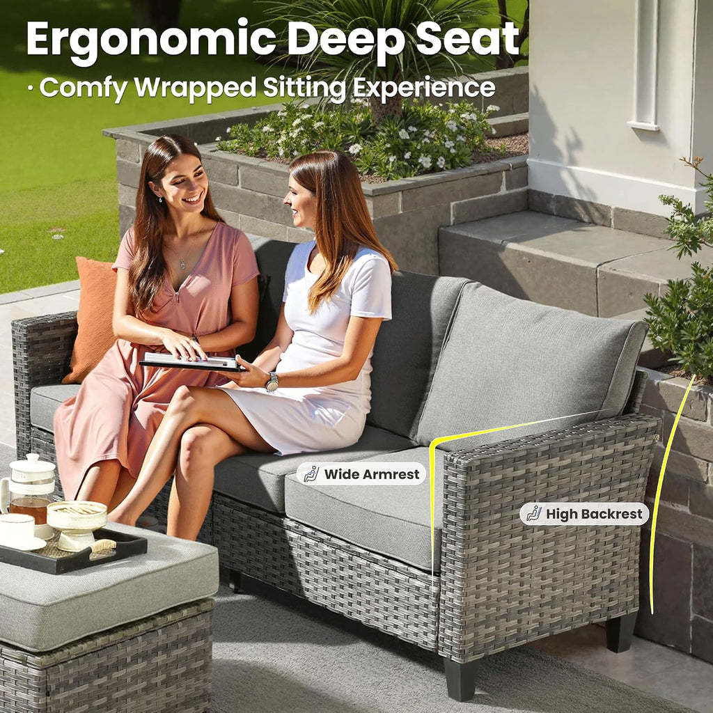 ovios 7-Pieces Patio Furniture Set, Outdoor Wicker Sofa Couch with Swivel Glider Chairs Loveseat Comfy Cushions Modern Conversation Set for Backyard Porch, Dark Grey