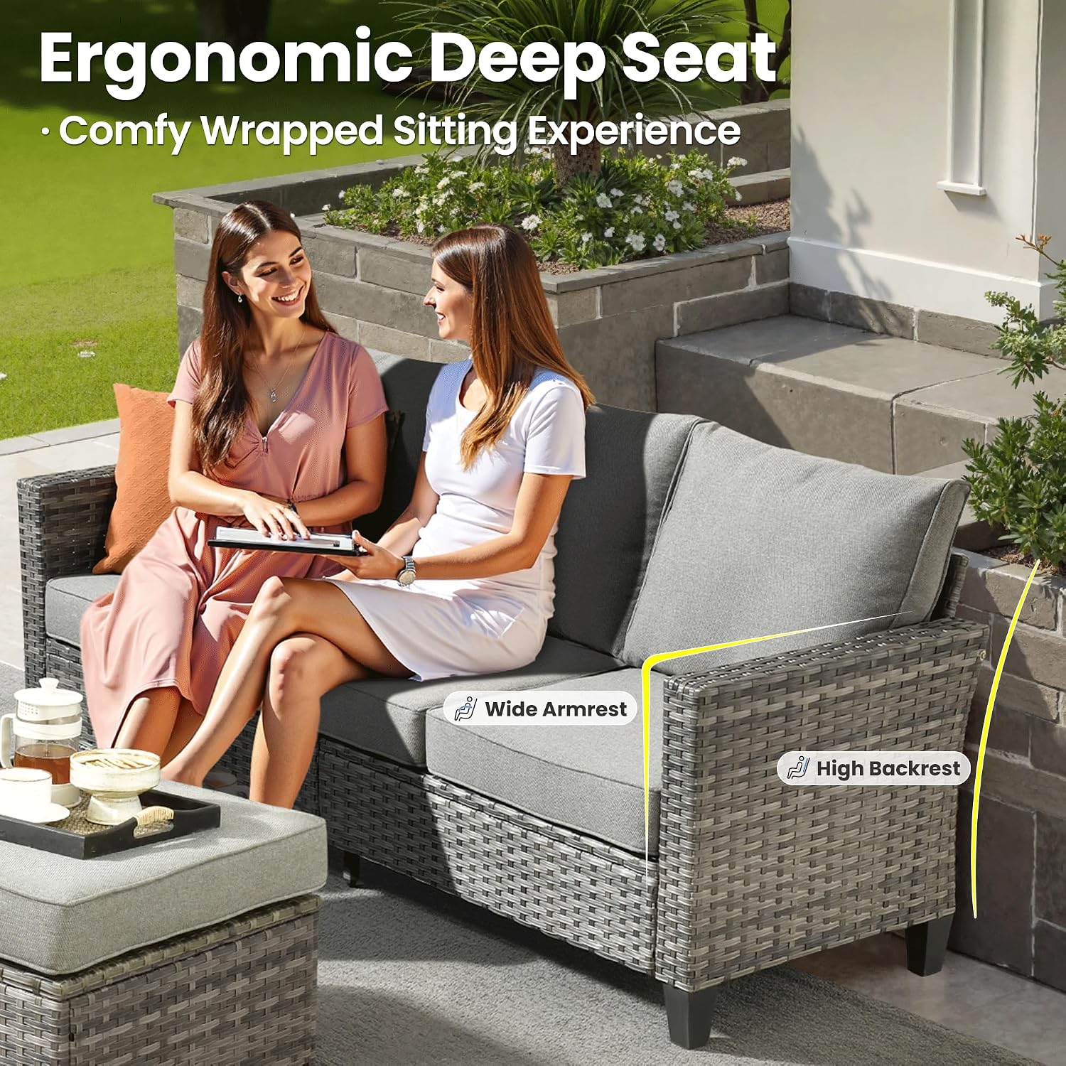 ovios 7-Pieces Patio Furniture Set, Outdoor Wicker Sofa Couch with Swivel Glider Chairs Loveseat Comfy Cushions Modern Conversation Set for Backyard Porch, Dark Grey